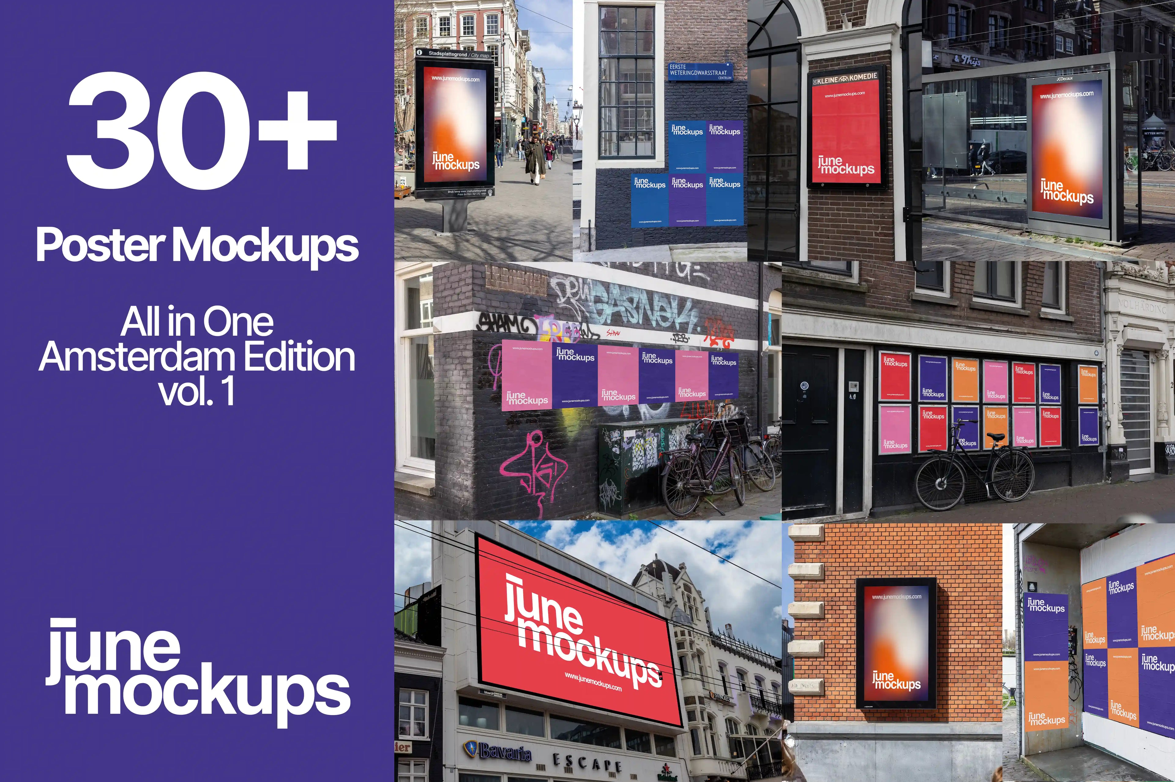 Collection of over 30 poster mockups in Amsterdam, including billboards, city light posters, and urban street scenes. All in One Amsterdam Edition vol. 1