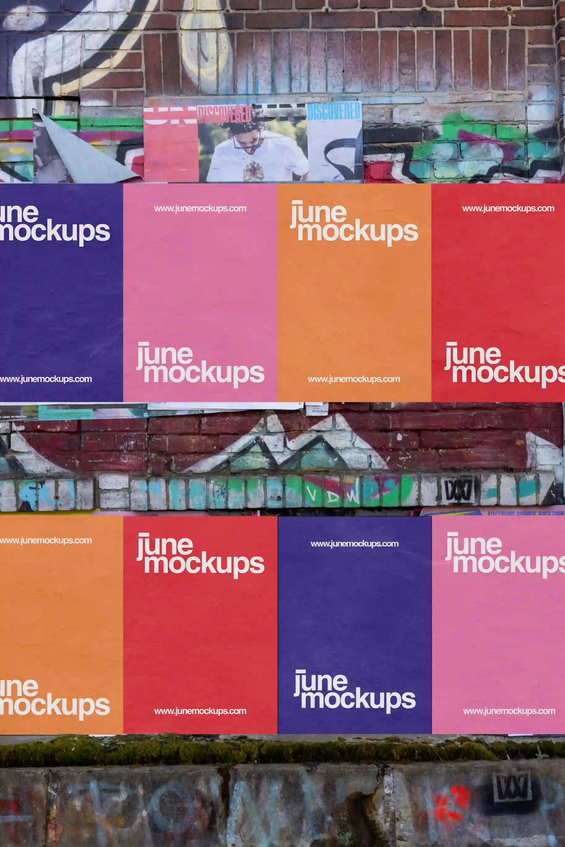 Urban street poster mockup set in Germany with graffiti-covered brick wall, featuring 8 Smart Object layers.
