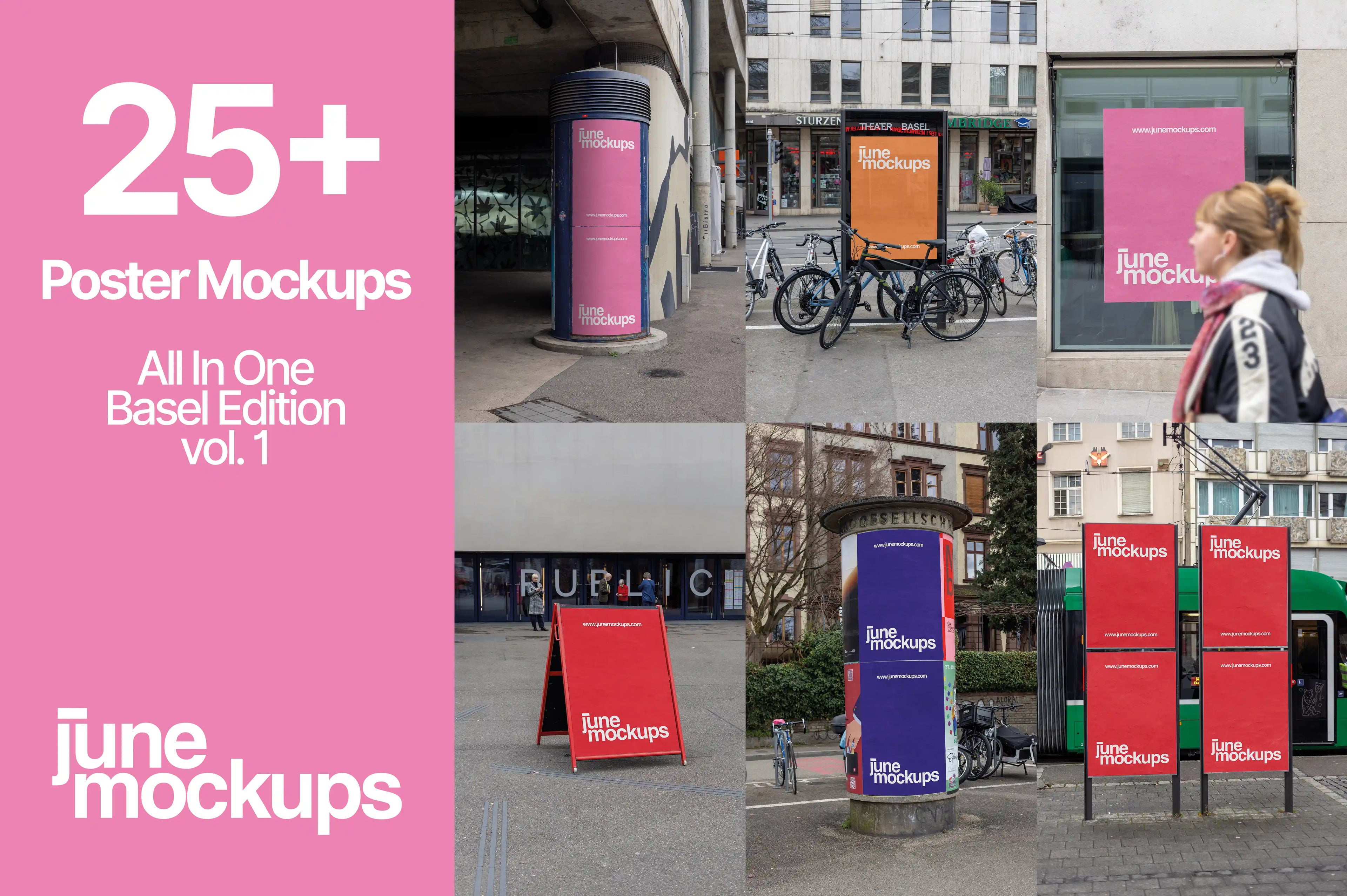 Product cover for the Basel All In One Poster Mockup Bundle Vol. 1 with the text “25+ Poster Mockups”. A pink text area is placed on the left, while the right side shows a grid of Basel poster mockup examples. The visuals include an ad column, a city light poster at Theater Basel, a window poster, a red sidewalk sign in front of a public building, a poster column and several urban out of home poster surfaces with bicycles and city surroundings.