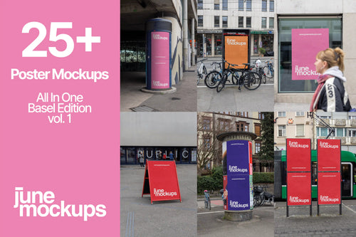 Product cover for the Basel All In One Poster Mockup Bundle Vol. 1 with the text “25+ Poster Mockups”. A pink text area is placed on the left, while the right side shows a grid of Basel poster mockup examples. The visuals include an ad column, a city light poster at Theater Basel, a window poster, a red sidewalk sign in front of a public building, a poster column and several urban out of home poster surfaces with bicycles and city surroundings.