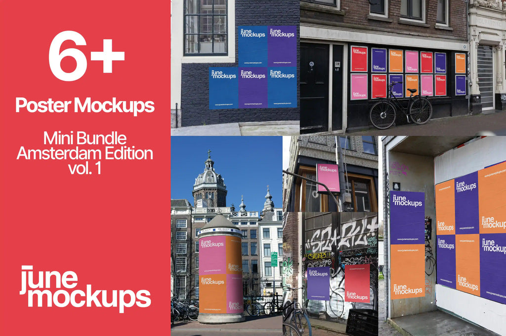 Collage showing six high-resolution poster mockups from the Amsterdam Urban Poster Mockup Mini Bundle Vol. 1 by JuneMockups. The image includes real city scenes with posters on brick walls, graffiti backgrounds, lamp posts, and cylindrical poster columns, photographed in natural daylight across Amsterdam.