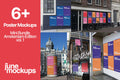 Collage showing six high-resolution poster mockups from the Amsterdam Urban Poster Mockup Mini Bundle Vol. 1 by JuneMockups. The image includes real city scenes with posters on brick walls, graffiti backgrounds, lamp posts, and cylindrical poster columns, photographed in natural daylight across Amsterdam.