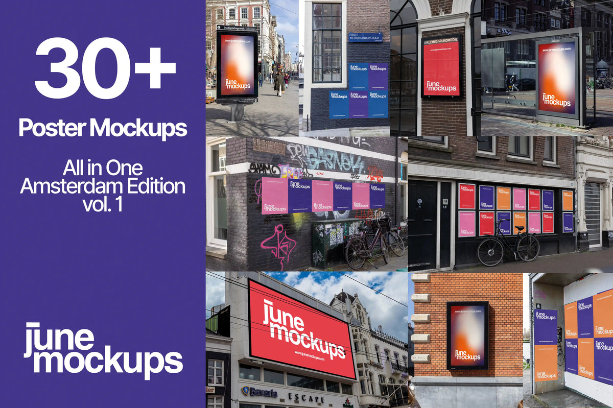Collection of over 30 poster mockups in Amsterdam, including billboards, city light posters, and urban street scenes. All in One Amsterdam Edition vol. 1