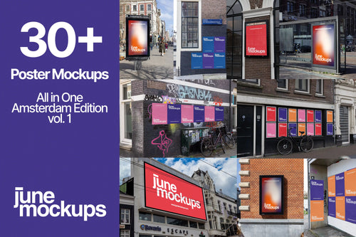 Collection of over 30 poster mockups in Amsterdam, including billboards, city light posters, and urban street scenes. All in One Amsterdam Edition vol. 1