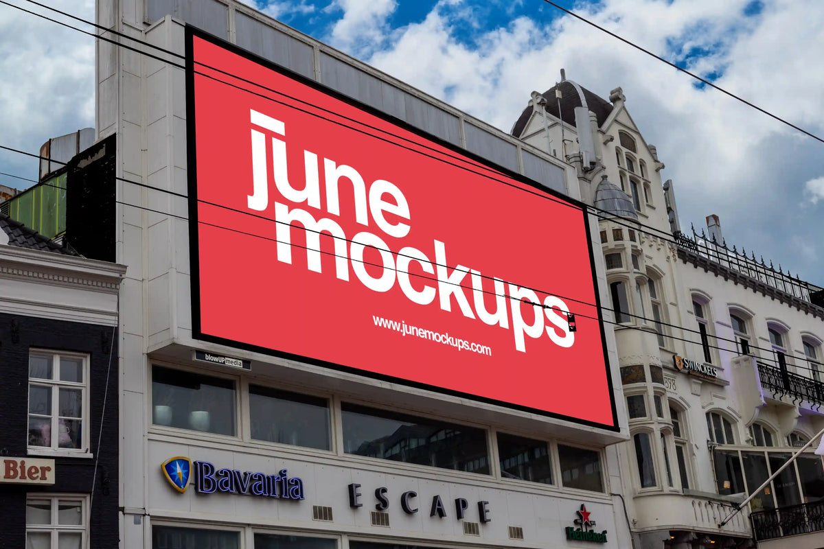 Large billboard mockup at Rembrandtplein in Amsterdam, located above Escape Club with red poster design.