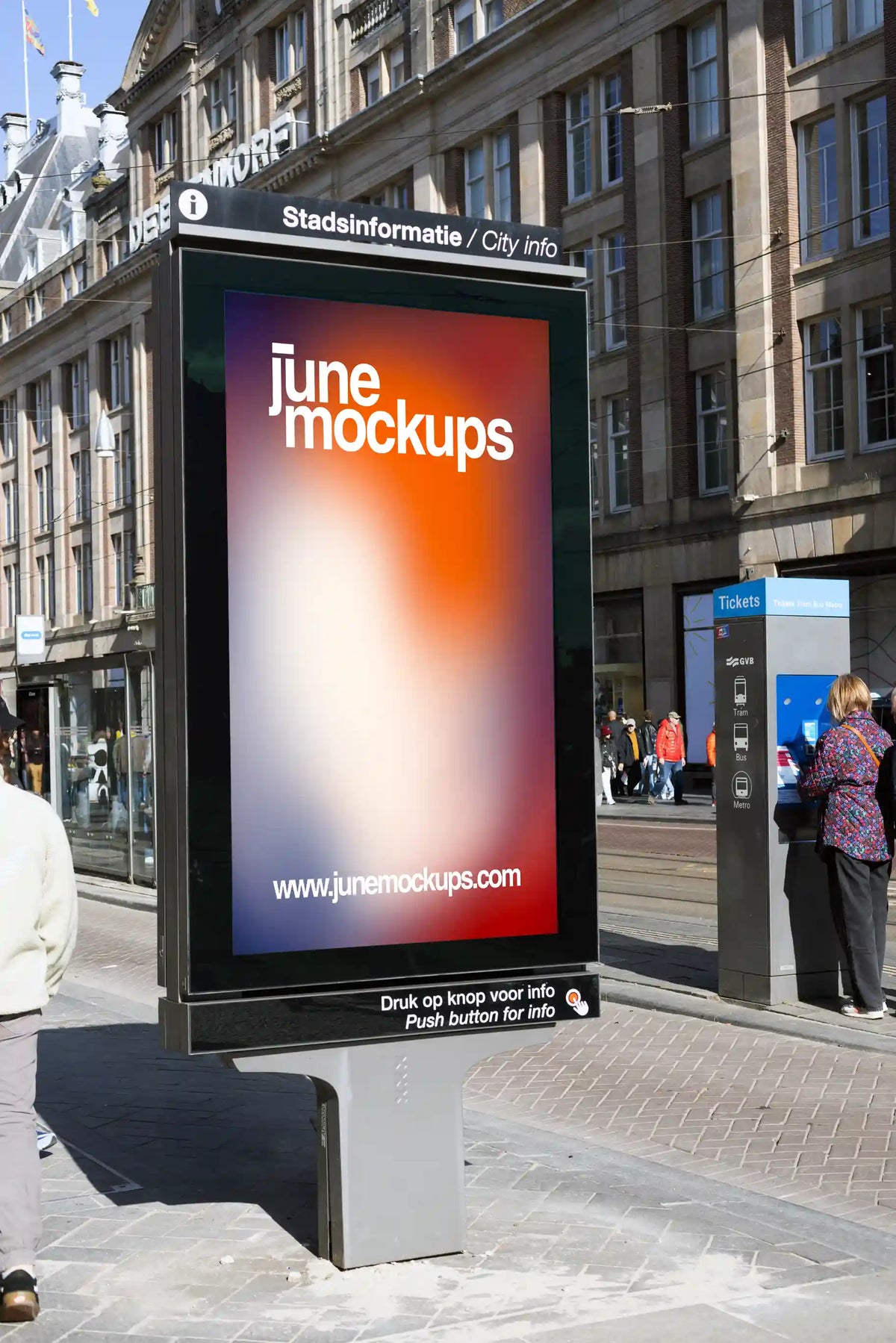 Amsterdam city light poster mockup close-up near Central Station and Dam Square with brick wall background.