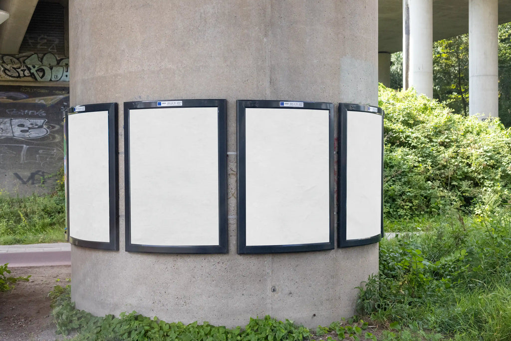 Blank background curved poster mockups on round concrete pillar in Amsterdam, realistic outdoor billboard display under bridge architecture, high resolution PSD template for custom advertising and branding design.