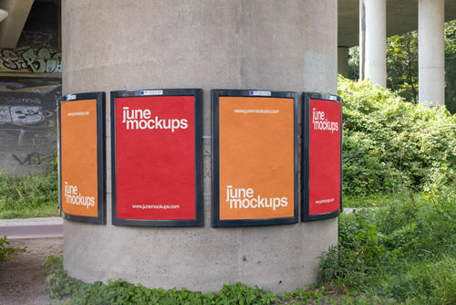 Multiple curved poster mockups mounted on a round concrete pillar in Amsterdam, realistic urban outdoor advertising display in architectural setting with greenery and graffiti, high resolution PSD template for branding and campaign presentation.