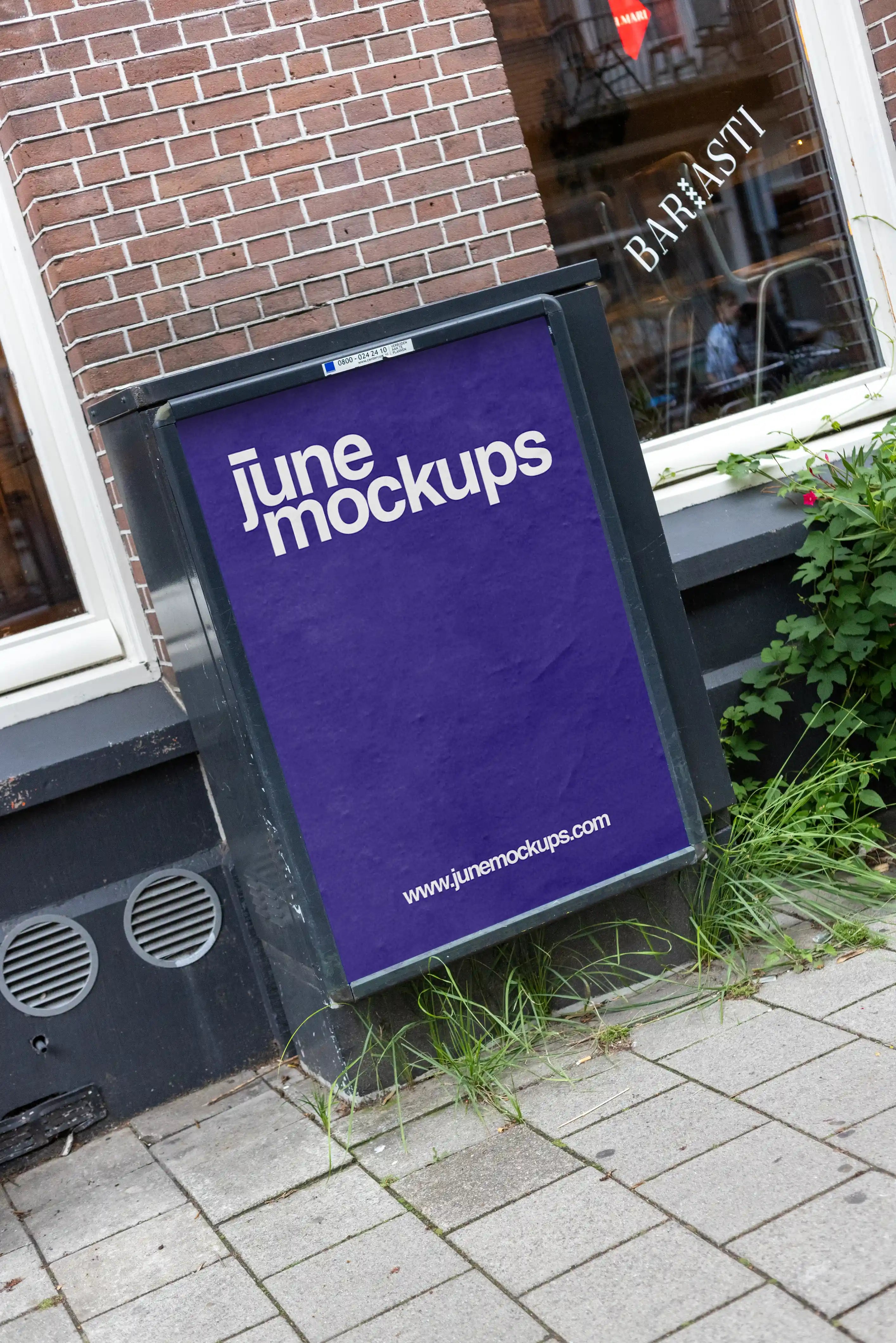 Amsterdam De Pijp A-board poster mockup in DIN format placed outside a local café storefront in a realistic street environment in Amsterdam, Netherlands.