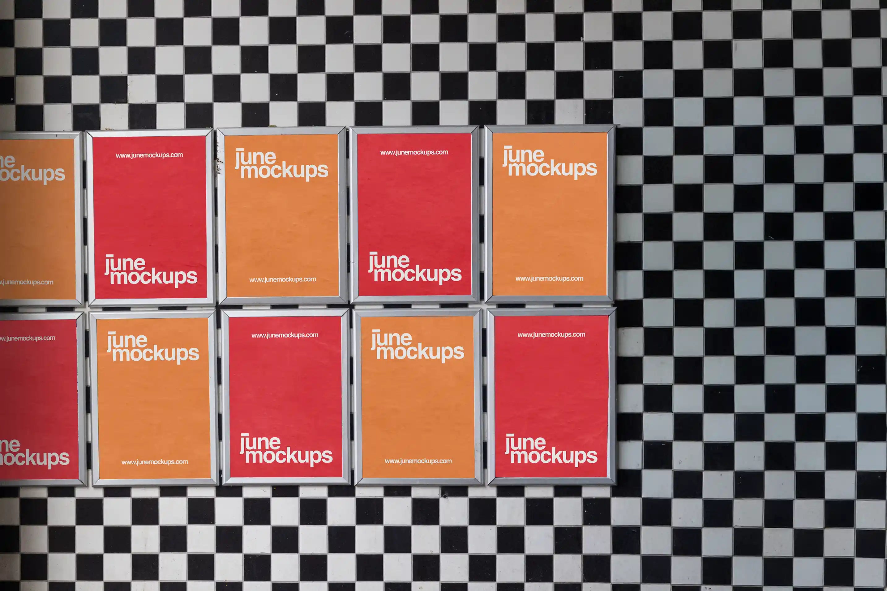 Amsterdam Haarlemmerdijk urban poster mockup featuring multiple DIN-format posters displayed on a checkerboard tiled building facade in a realistic outdoor advertising environment.