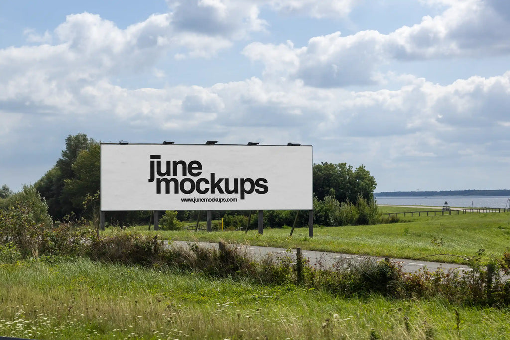 Large landscape roadside billboard mockup near Amsterdam at Almeerderstrand with view towards the Markermeer, realistic outdoor advertising display along Dutch highway surrounded by green fields, high resolution PSD template for campaign presentation.