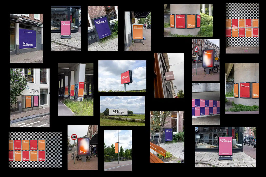 Collage of multiple urban poster mockups from the Amsterdam Edition Vol. 2 bundle, showing various real-life poster, billboard and city light locations across the city.