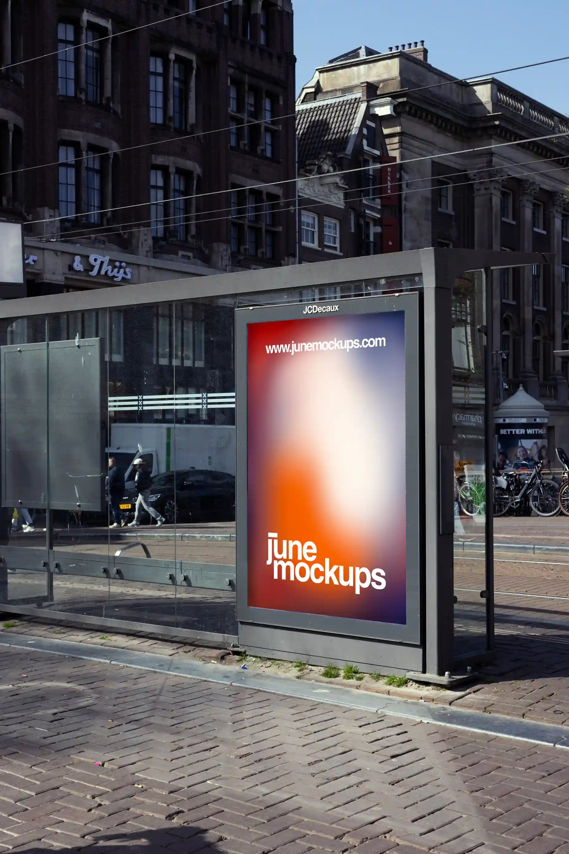 Amsterdam city light poster mockup at Prinsengracht tram stop with historic buildings.