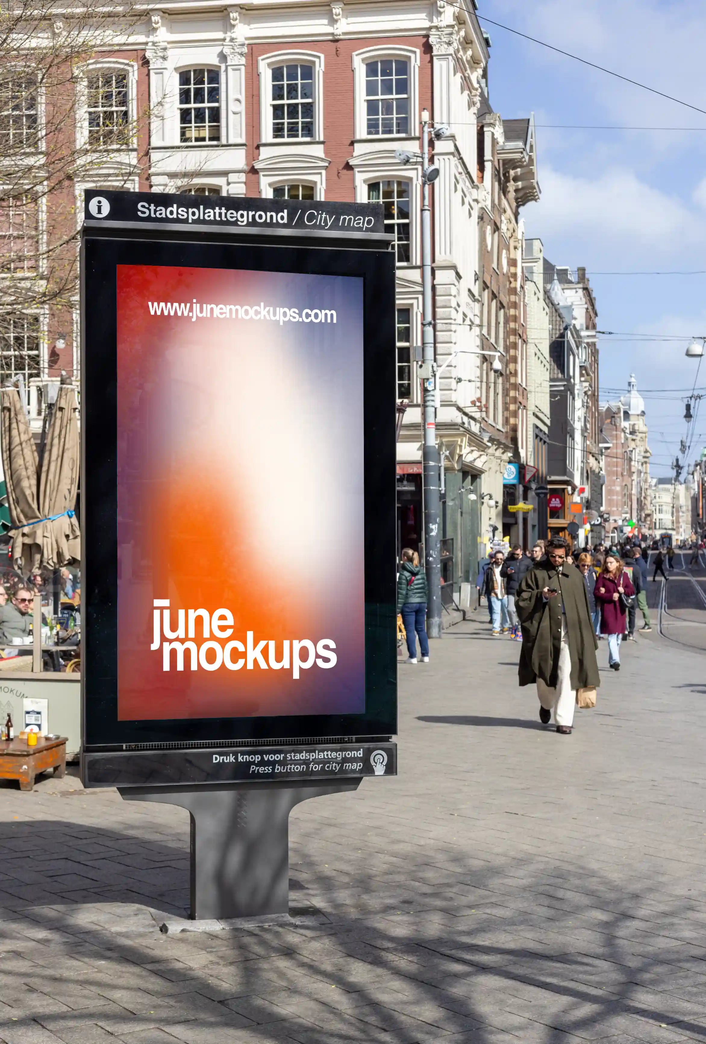 Vertical City Light poster mockup at Leidseplein in Amsterdam, displayed on a street information board with the surrounding busy street and historic buildings in the background