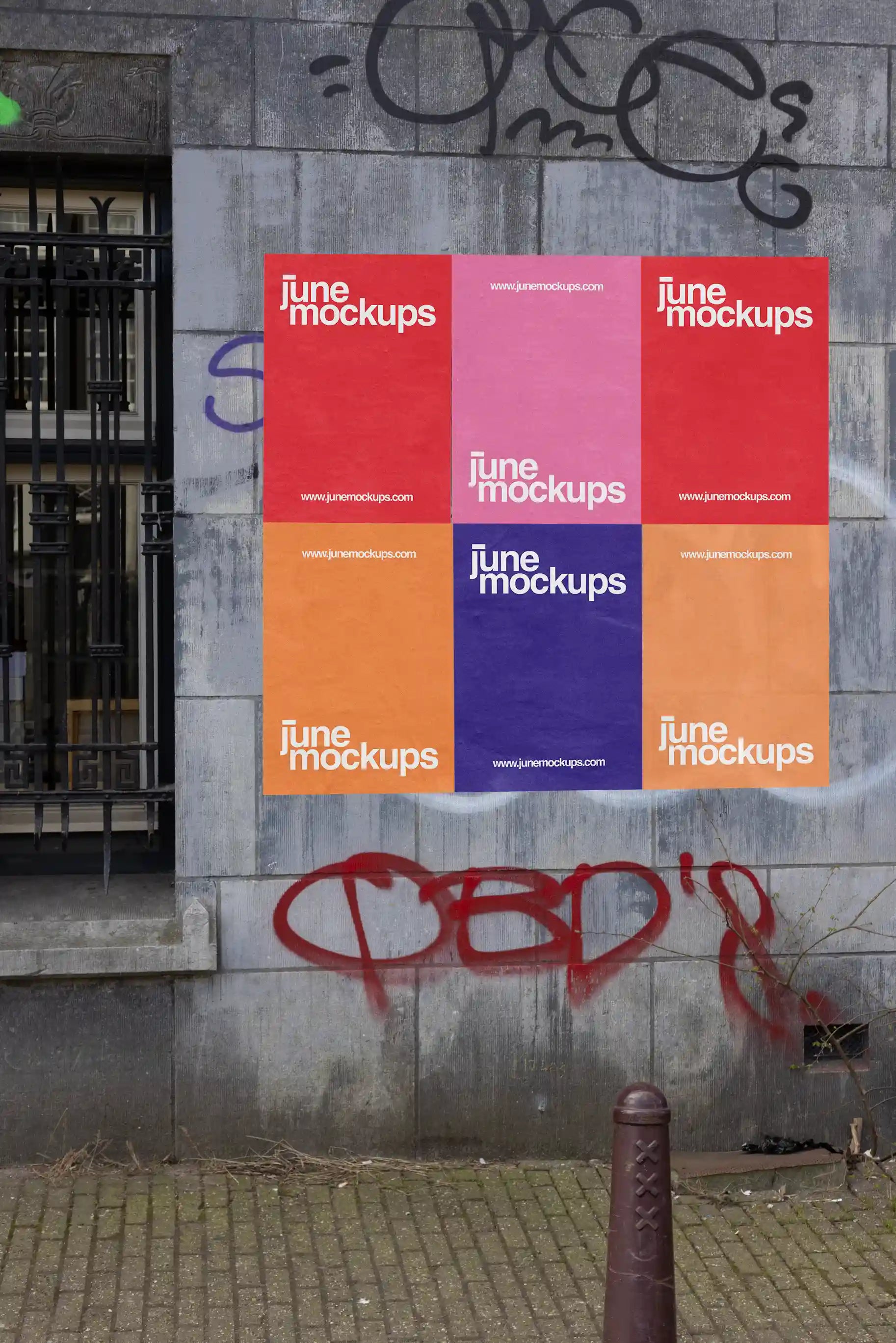 Amsterdam urban street mockup with six colorful posters arranged in a grid on a weathered wall.