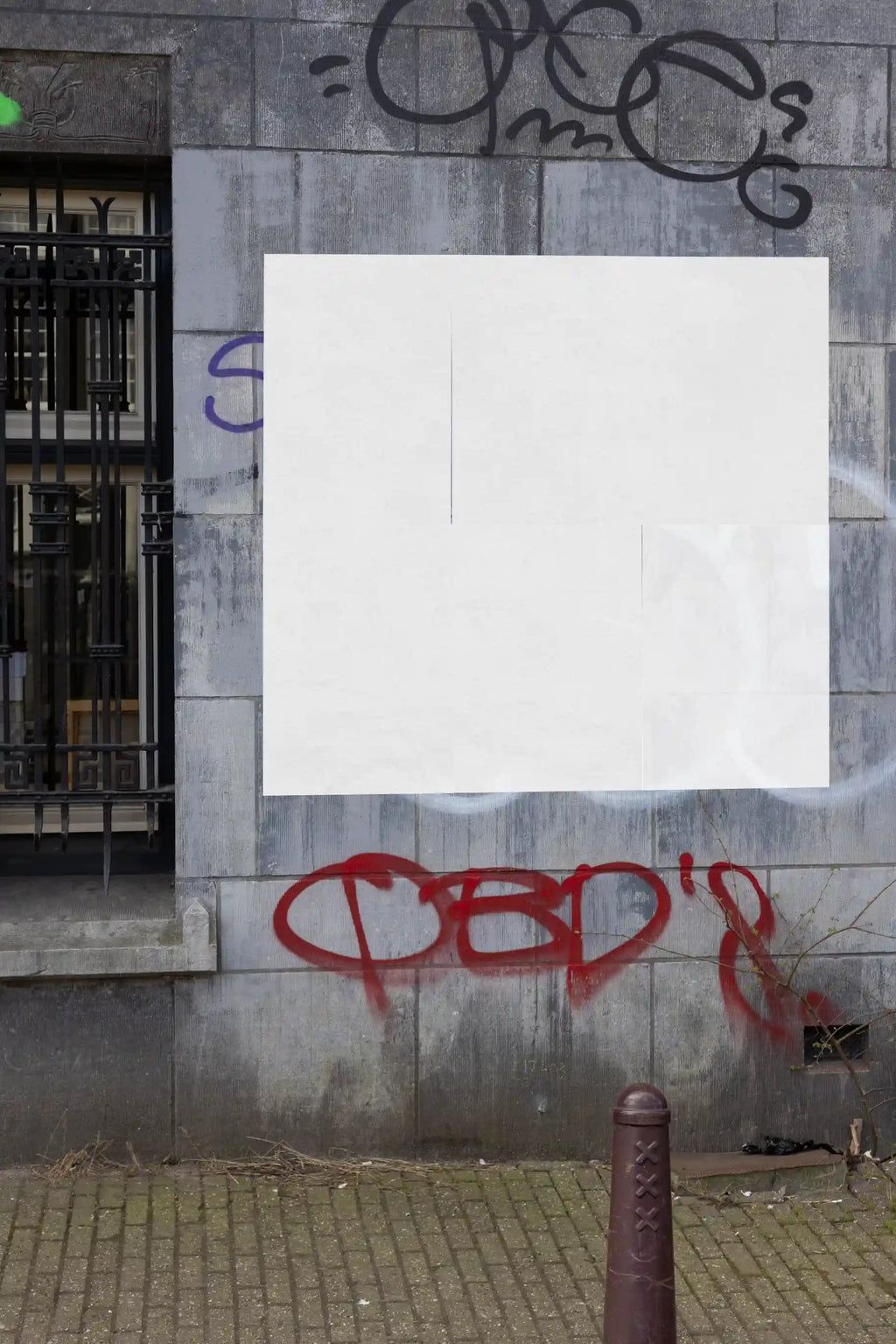 Amsterdam urban street mockup with six white posters arranged in a grid on a weathered wall.
