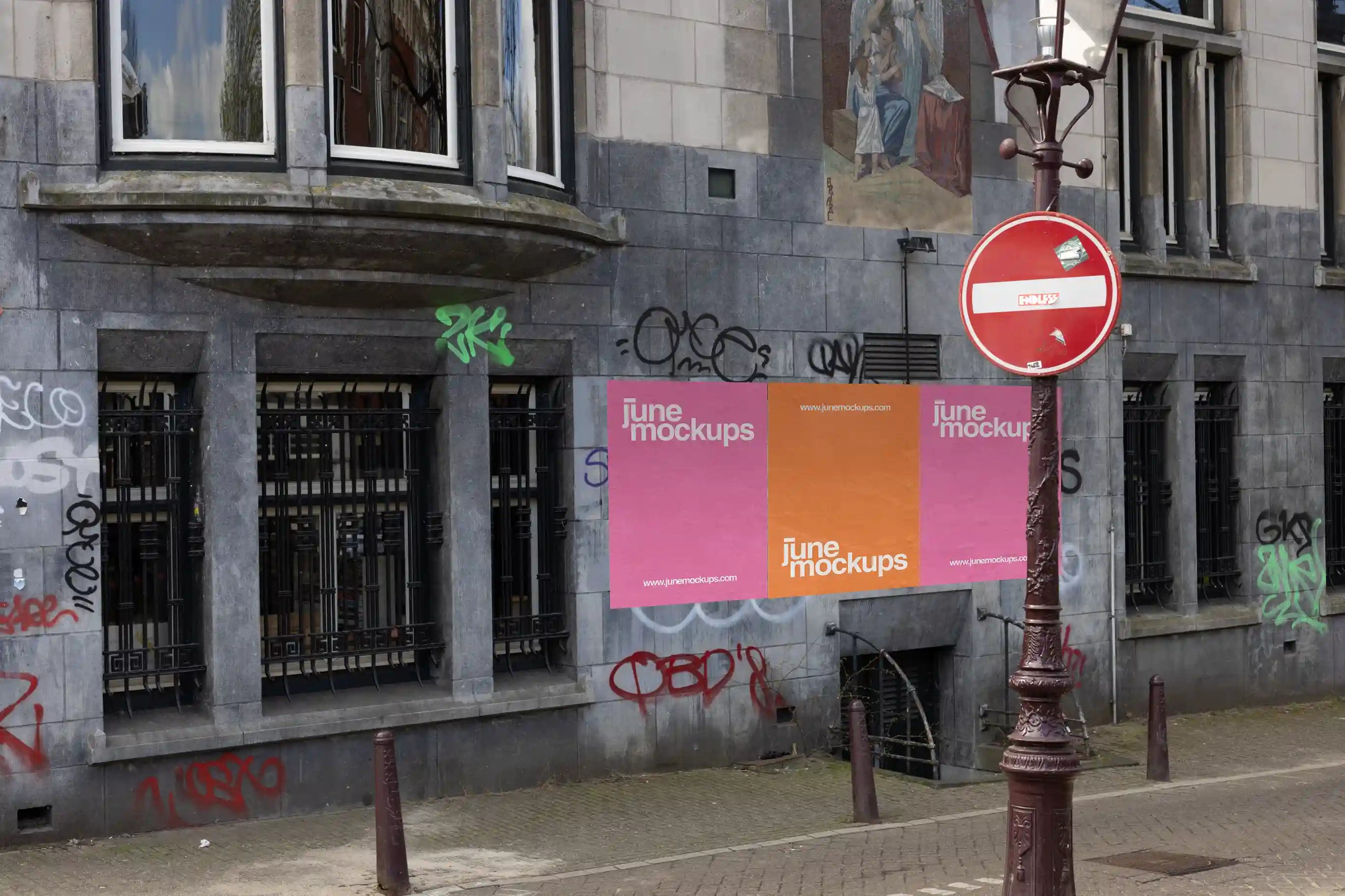 Graffiti wall poster mockup in Amsterdam city streets, perfect for edgy and creative urban advertising presentations.