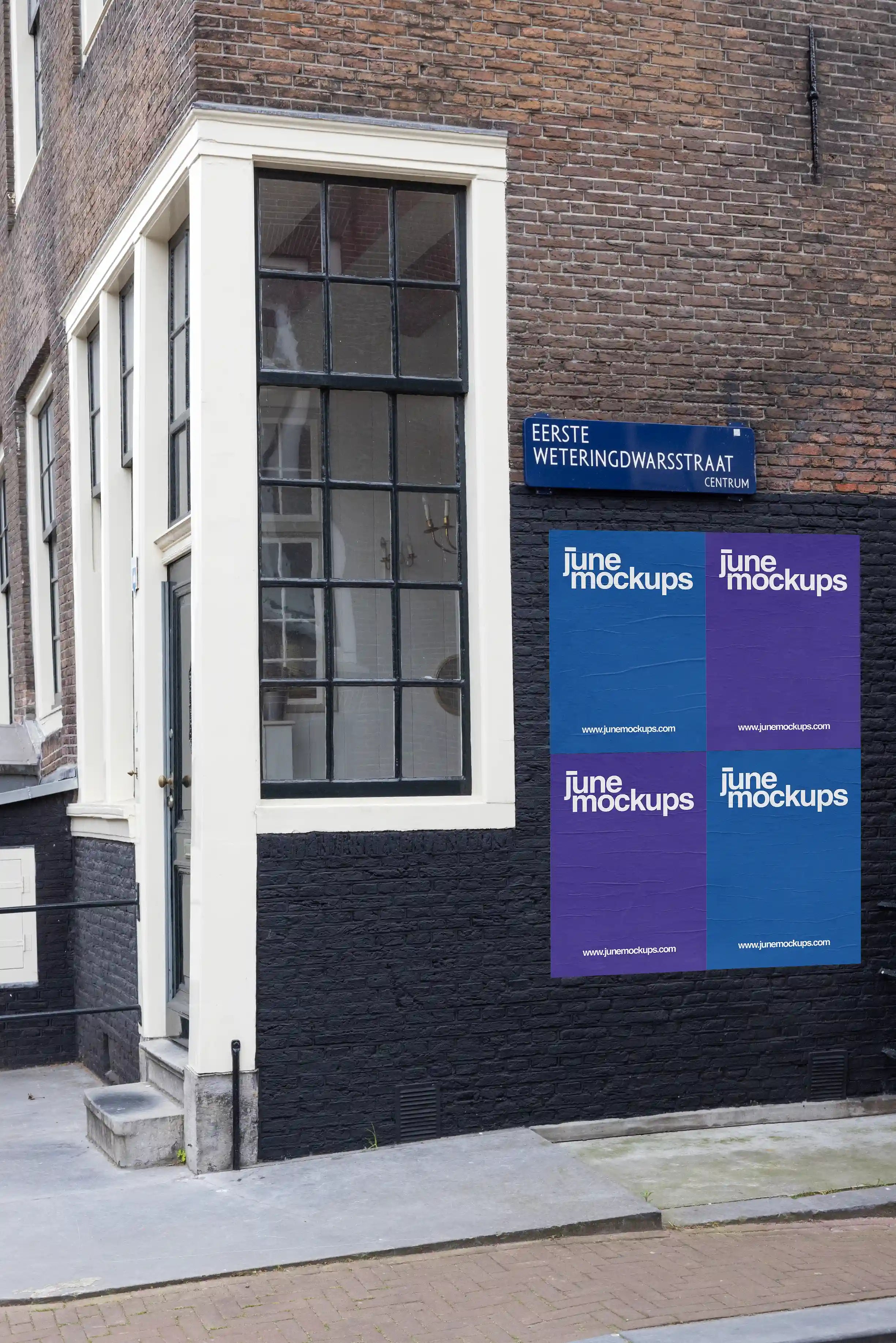 Urban street poster mockup in Amsterdam on the corner of Eerste Weteringdwarsstraat with classic brick facade and large window.
