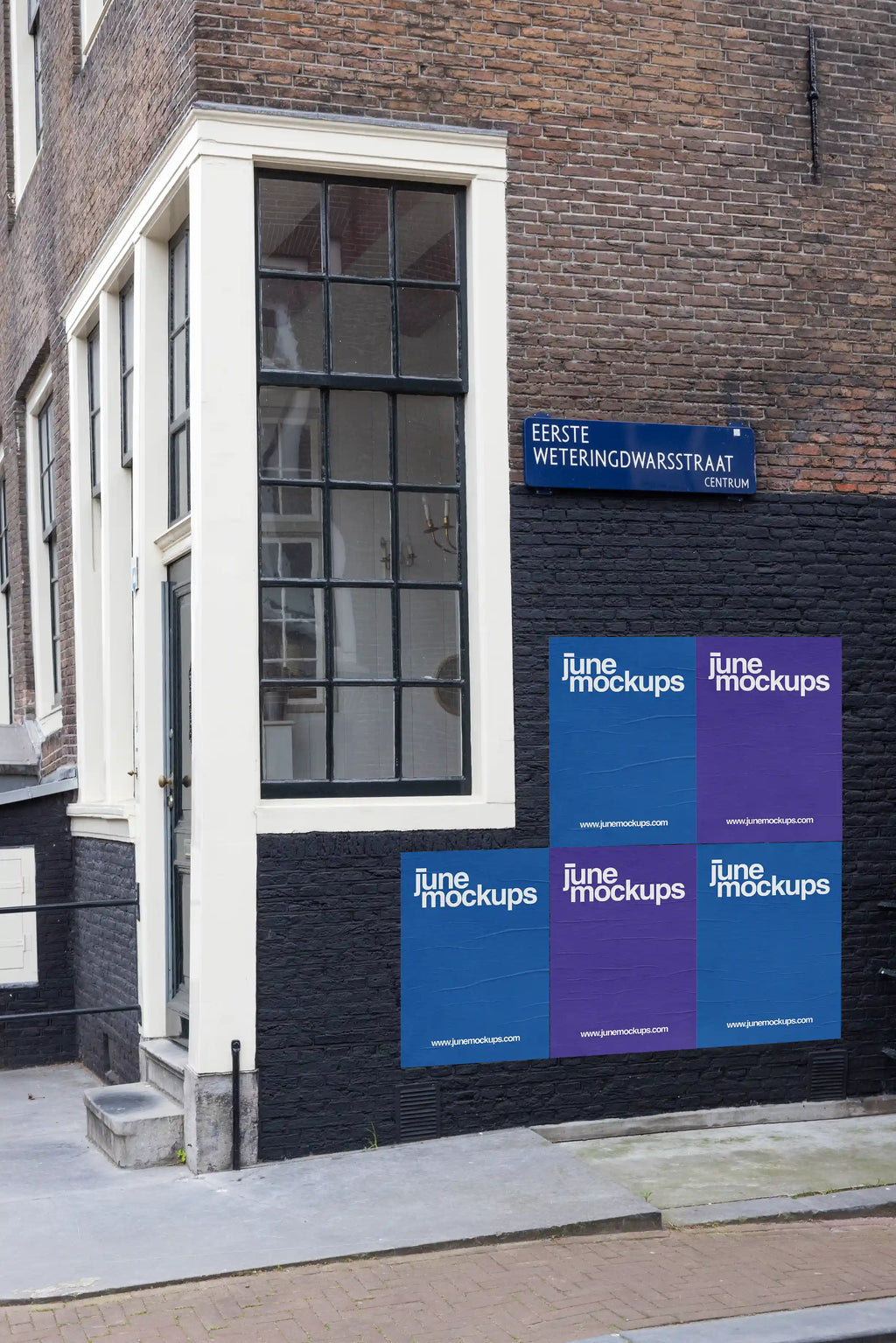 Amsterdam urban street poster mockup at Eerste Weteringdwarsstraat, colorful posters displayed on a black-painted brick wall