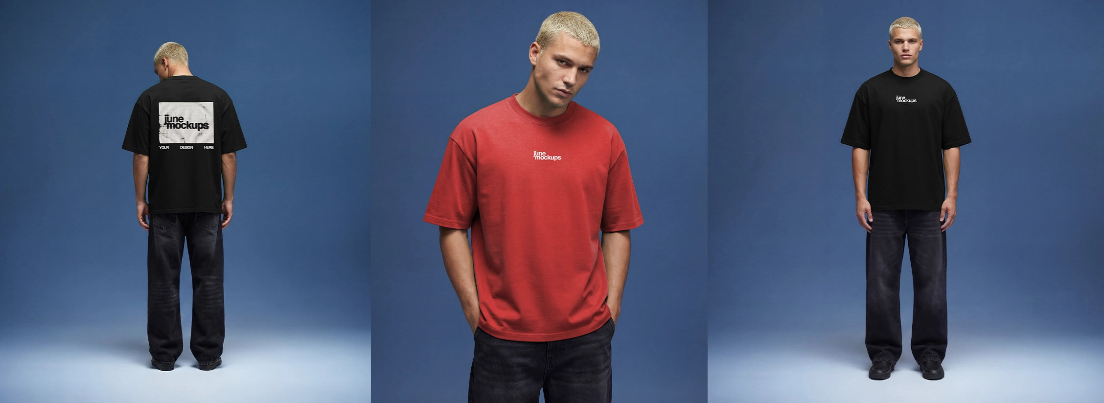 Apparel mockups featuring realistic t-shirt designs on models with natural fabric folds and shadows, perfect for showcasing clothing brands, logos and fashion collections in high resolution.