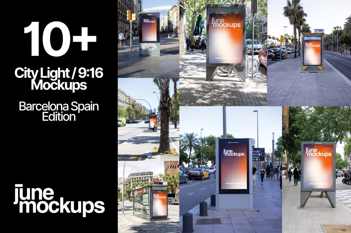 Barcelona City Light Mockup Bundle cover featuring 11 realistic outdoor advertising PSD mockups photographed in Barcelona, Spain. Large white typography reading “10+ City Light / 9:16 Mockups” appears beside a collage of JCDecaux bus shelter posters, freestanding Clear Channel displays and urban advertising panels, surrounded by Mediterranean palm trees, historic buildings and lively city streets.