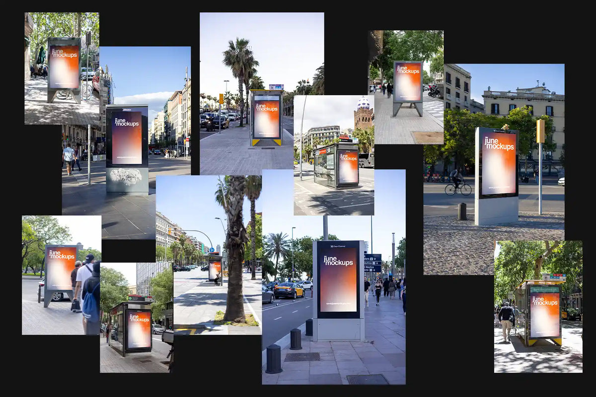 Barcelona City Light Poster Mockup Bundle by JuneMockups, featuring a collage of 11 realistic PSD mockups on a black background. The images showcase JCDecaux and Clear Channel advertising displays, bus shelter posters and freestanding city lights across Barcelona, Spain, with palm-lined streets, historic architecture, pedestrians and vertical 9:16 DOOH-style advertising formats.
