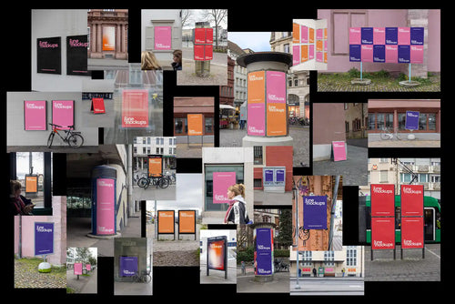 Collage of the Basel All in One Poster Mockup Bundle featuring many real photographed urban poster mockups from Basel. The image includes different out of home advertising surfaces, city light posters, ad columns, poster walls, sidewalk signs and DIN poster mockups in locations such as the Rhine riverside, Kaserne Basel, Theater Basel, Freie Strasse and Holzpark Klybeck. The mockups show authentic city environments with bicycles, streets, buildings, shop windows, poster textures and natural lighting.