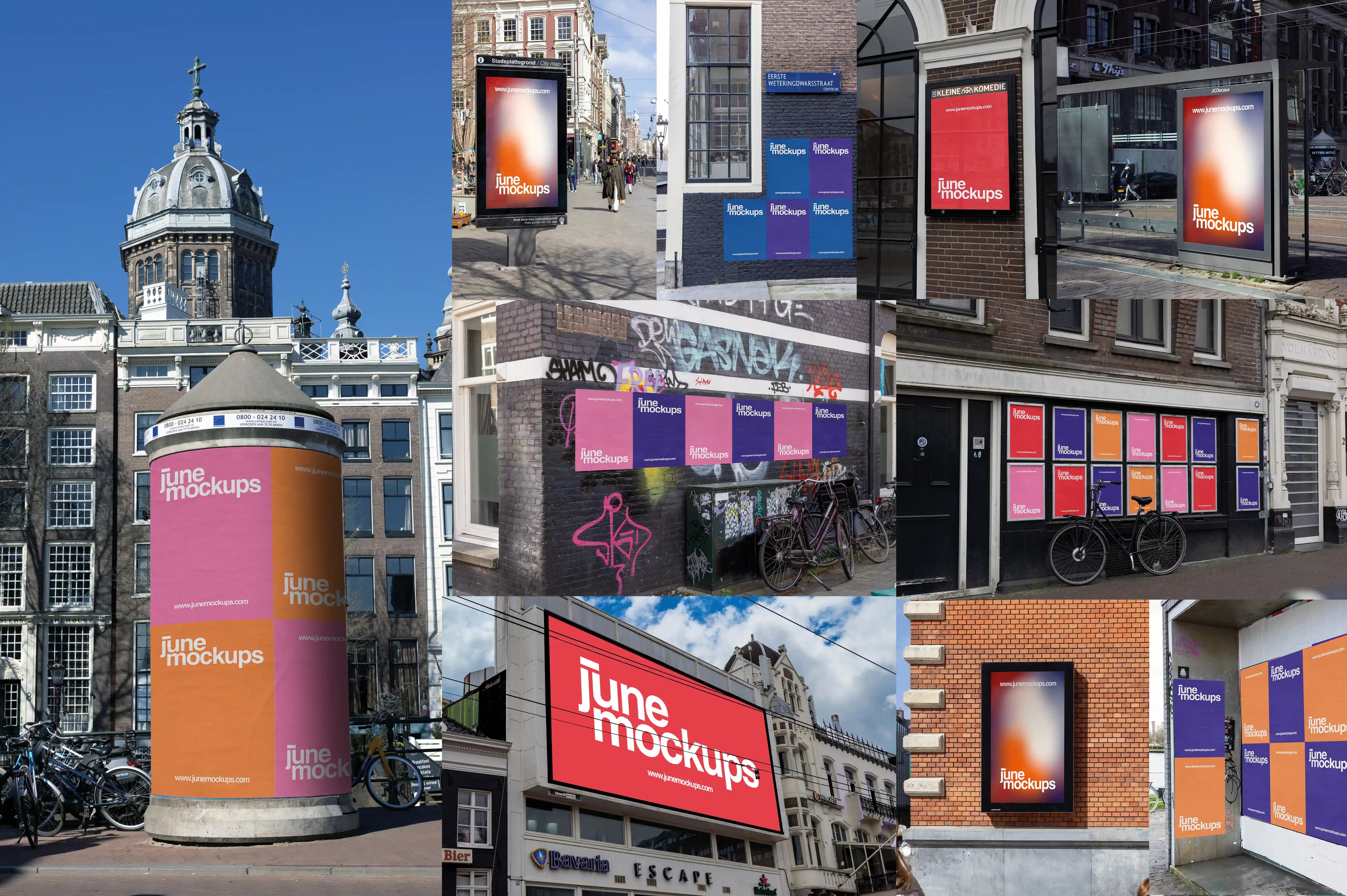 Collage of June Mockups featuring urban poster mockups, billboards, citylight ads, and street posters photographed in real city environments in Amsterdam.