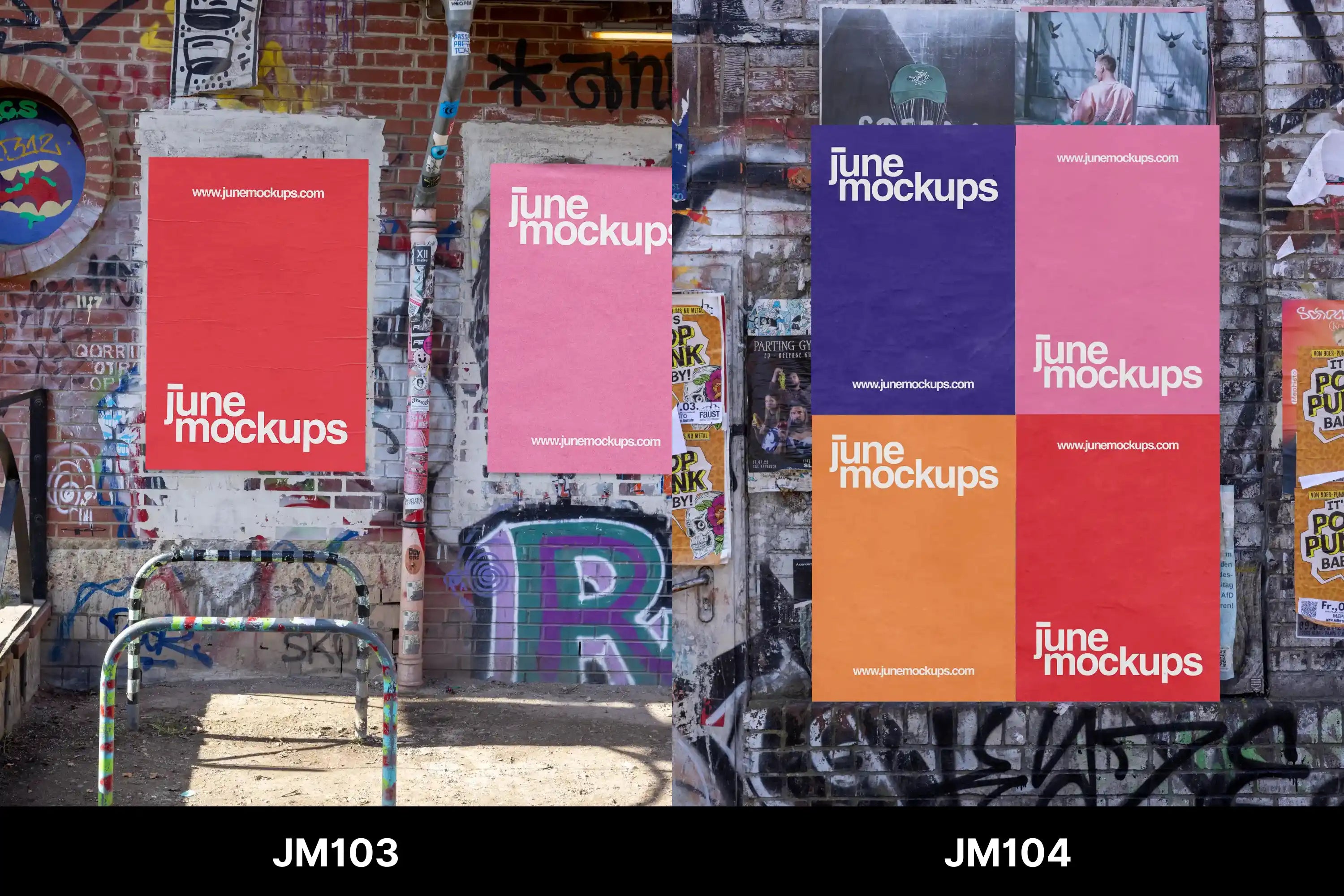 A wall covered in vibrant posters in red, pink, orange, and purple, surrounded by graffiti. Upload your artwork and receive a realistic poster mockup placed into this urban scene within 12 hours.