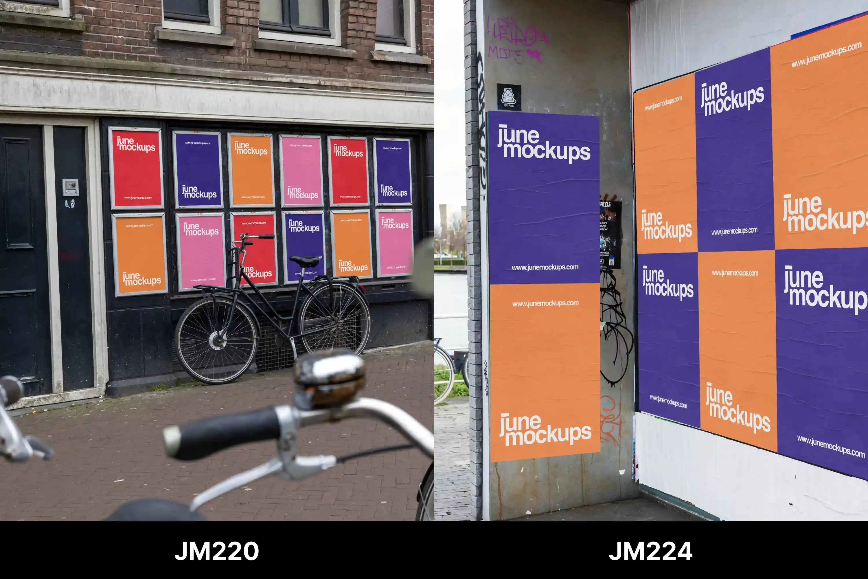 Multiple bright posters in orange, pink, purple, and red displayed on a brick wall behind bicycles in a narrow European street. Large vertical posters in purple and orange pasted on a concrete corner near the water. A true-to-life mockup for your uploaded design — no Photoshop needed.