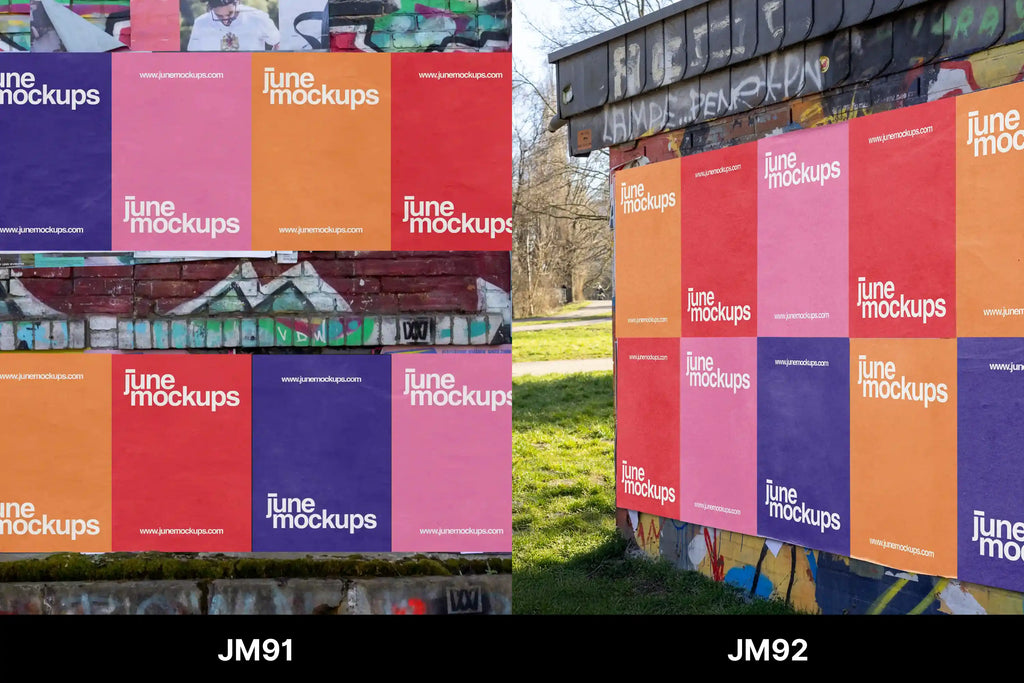 A row of colorful posters pasted on a brick wall with graffiti, perfect for showing your artwork in an urban environment. Upload your design and JuneMockups will professionally place it for you – no Photoshop needed