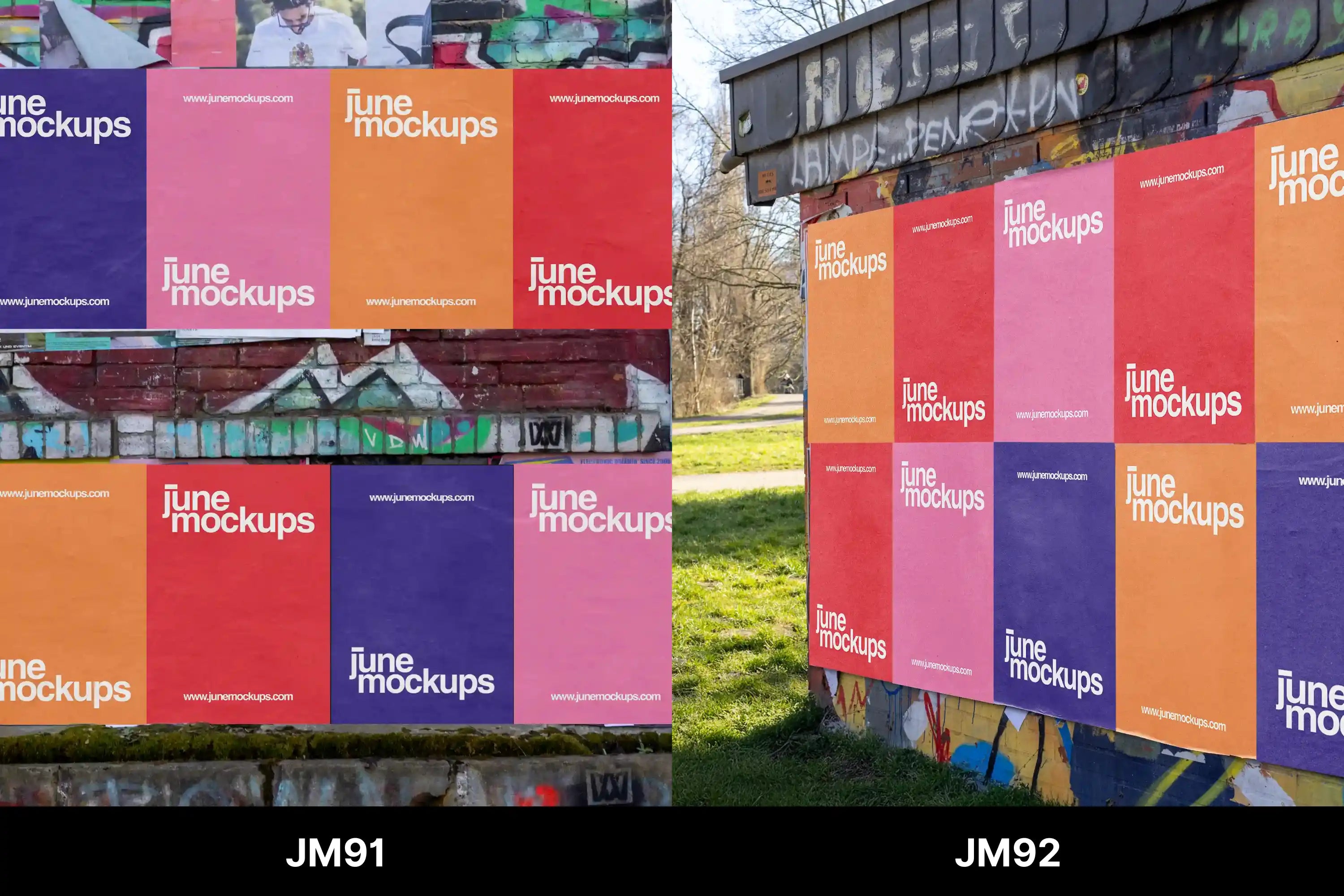 A row of colorful posters pasted on a brick wall with graffiti, perfect for showing your artwork in an urban environment. Upload your design and JuneMockups will professionally place it for you – no Photoshop needed