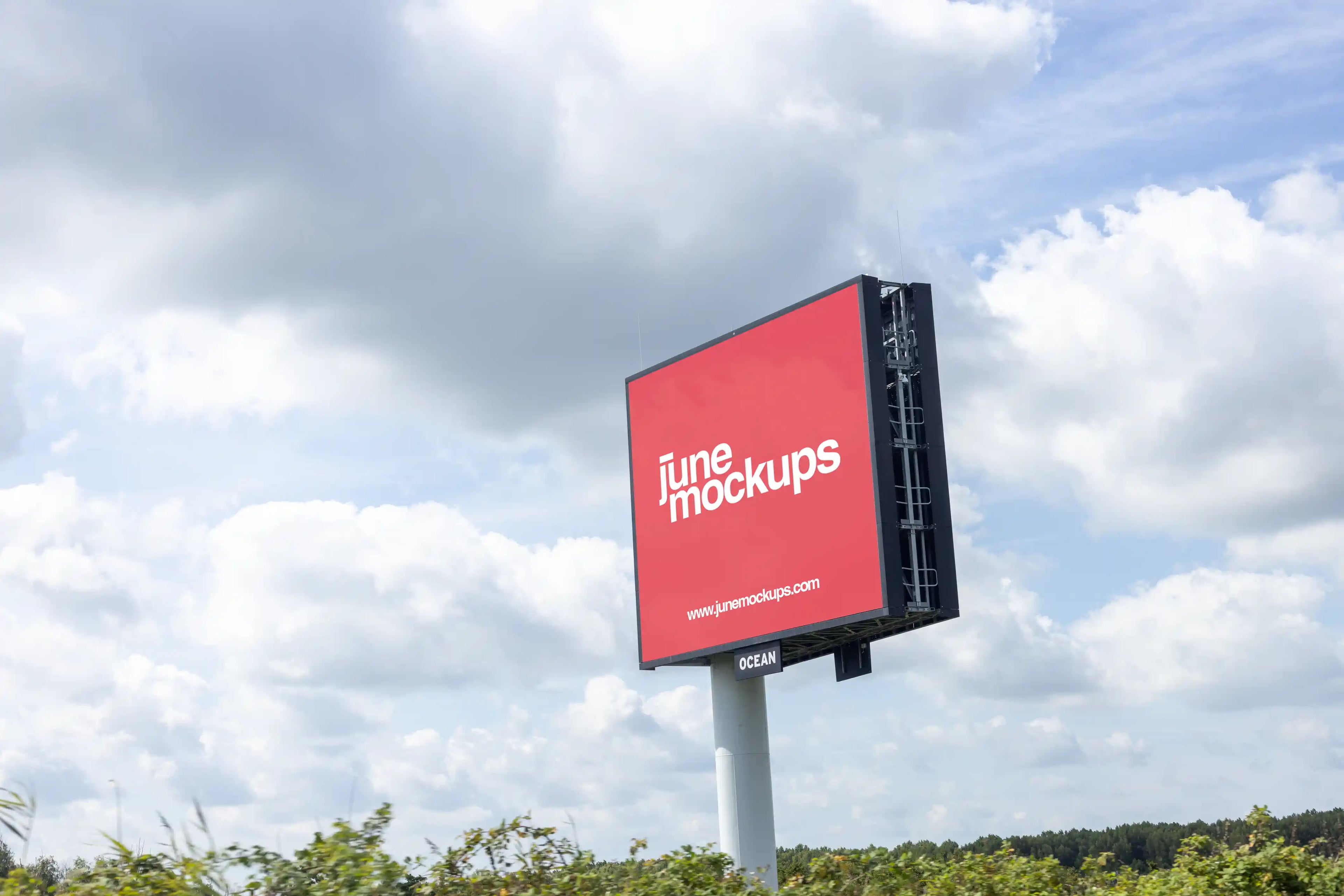 Large digital highway billboard mockup captured in the Netherlands with cloudy sky, natural outdoor lighting, and realistic roadside environment for advertising presentations.