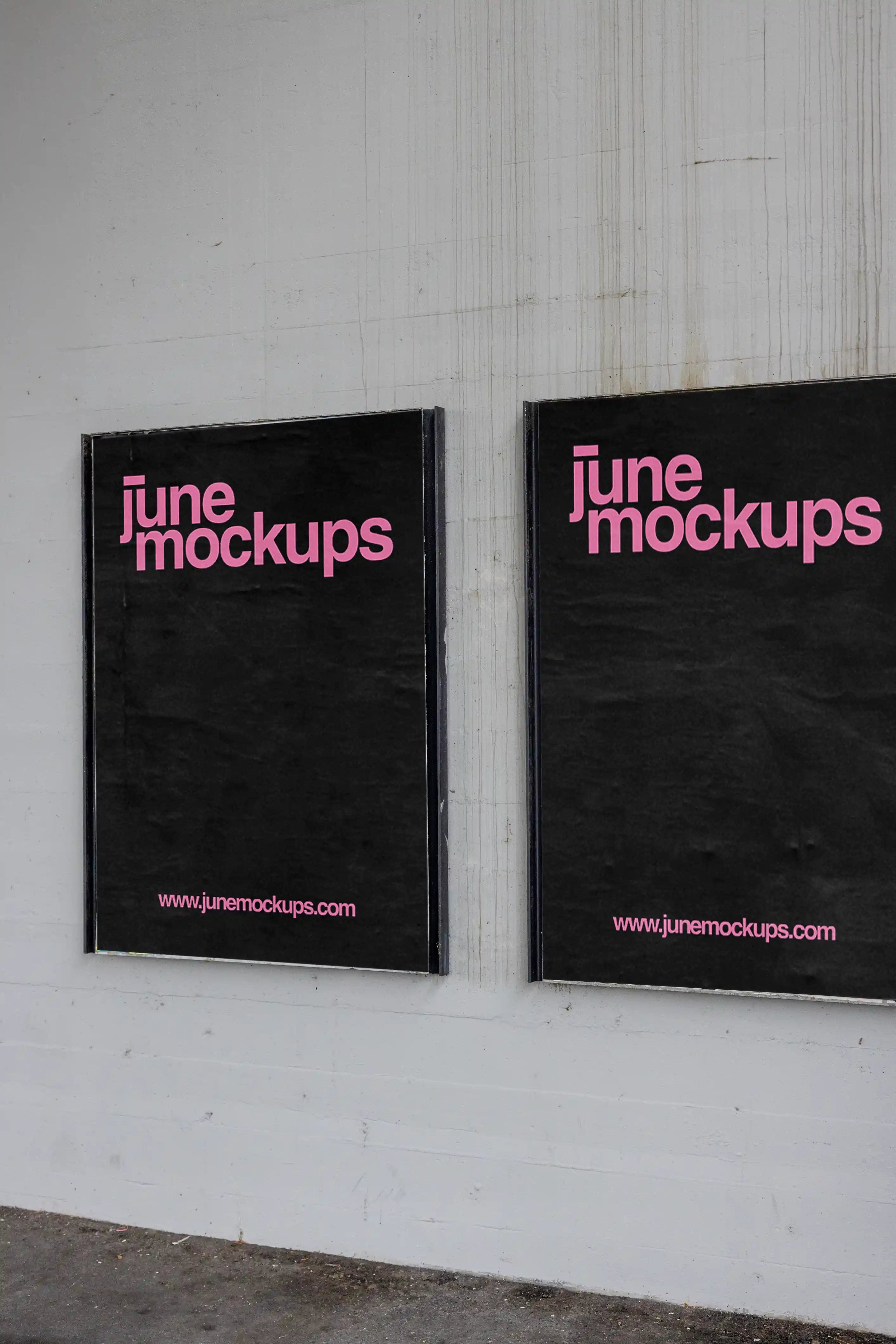 Realistic framed out of home poster mockup duo photographed in Basel, showing two black poster displays on a concrete wall with authentic paper texture, subtle shadows and urban advertising details, ideal for branding concepts, event posters, music artwork, street campaigns and professional poster design presentations.