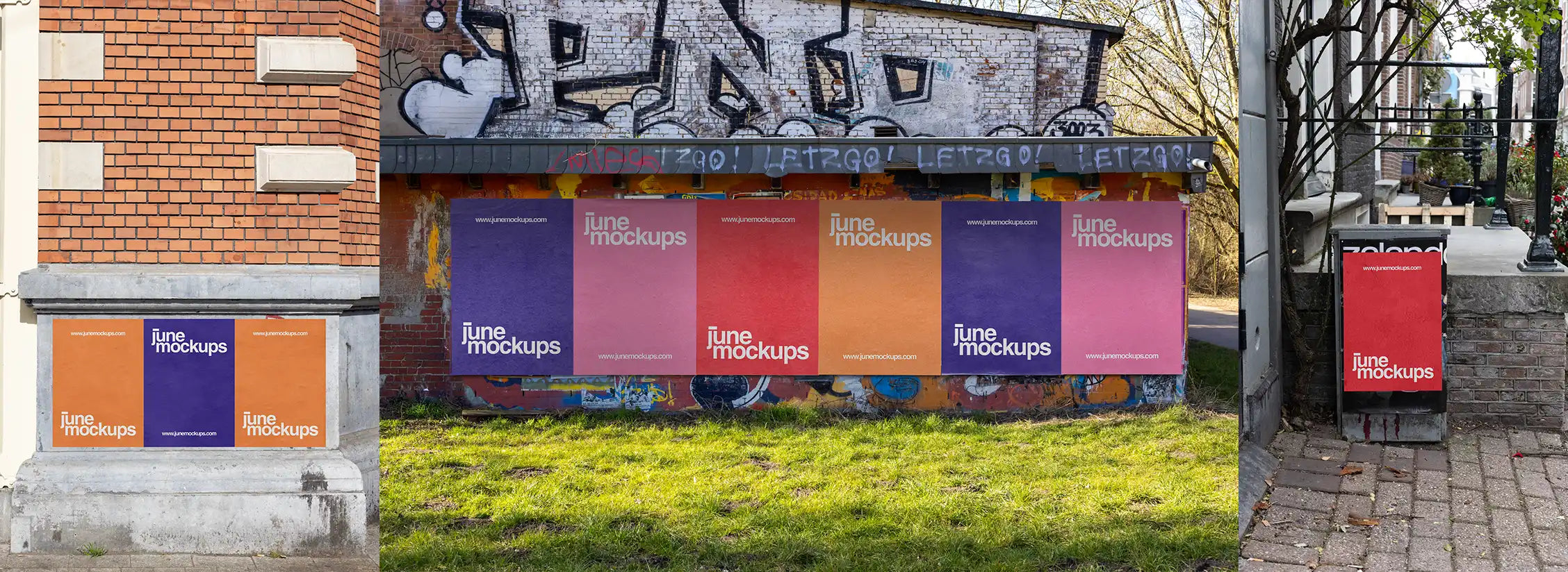 Free mockups collection featuring urban poster designs displayed in real street environments, available as high resolution PSD files for download to showcase branding and creative projects.