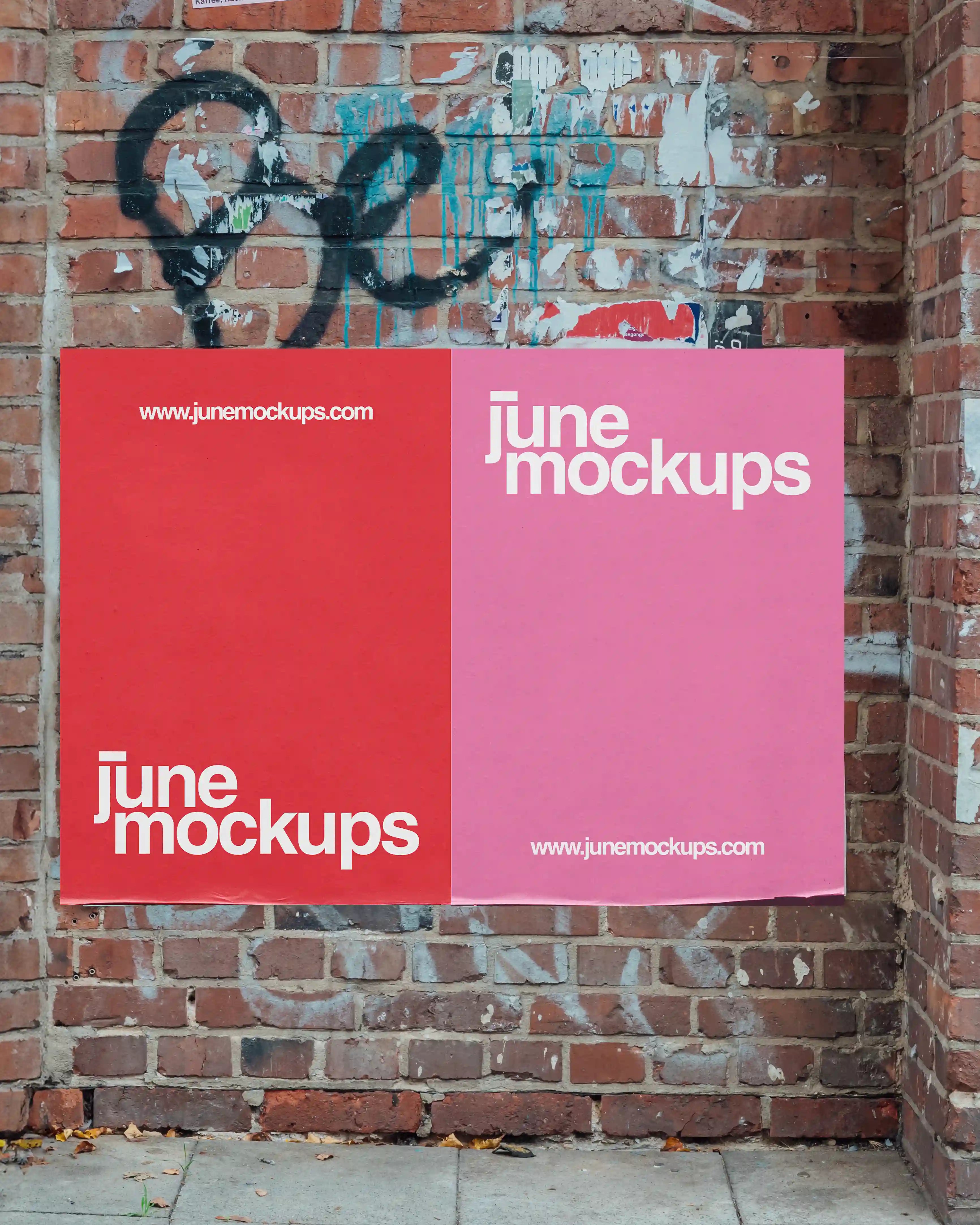 Blank poster mockup on a red brick wall with graffiti traces and natural lighting in Hamburg, Berlin, Hanover, Munich, Cologne. Perfect for inserting double poster designs, offering realistic texture, paper folds, and authentic outdoor atmosphere.