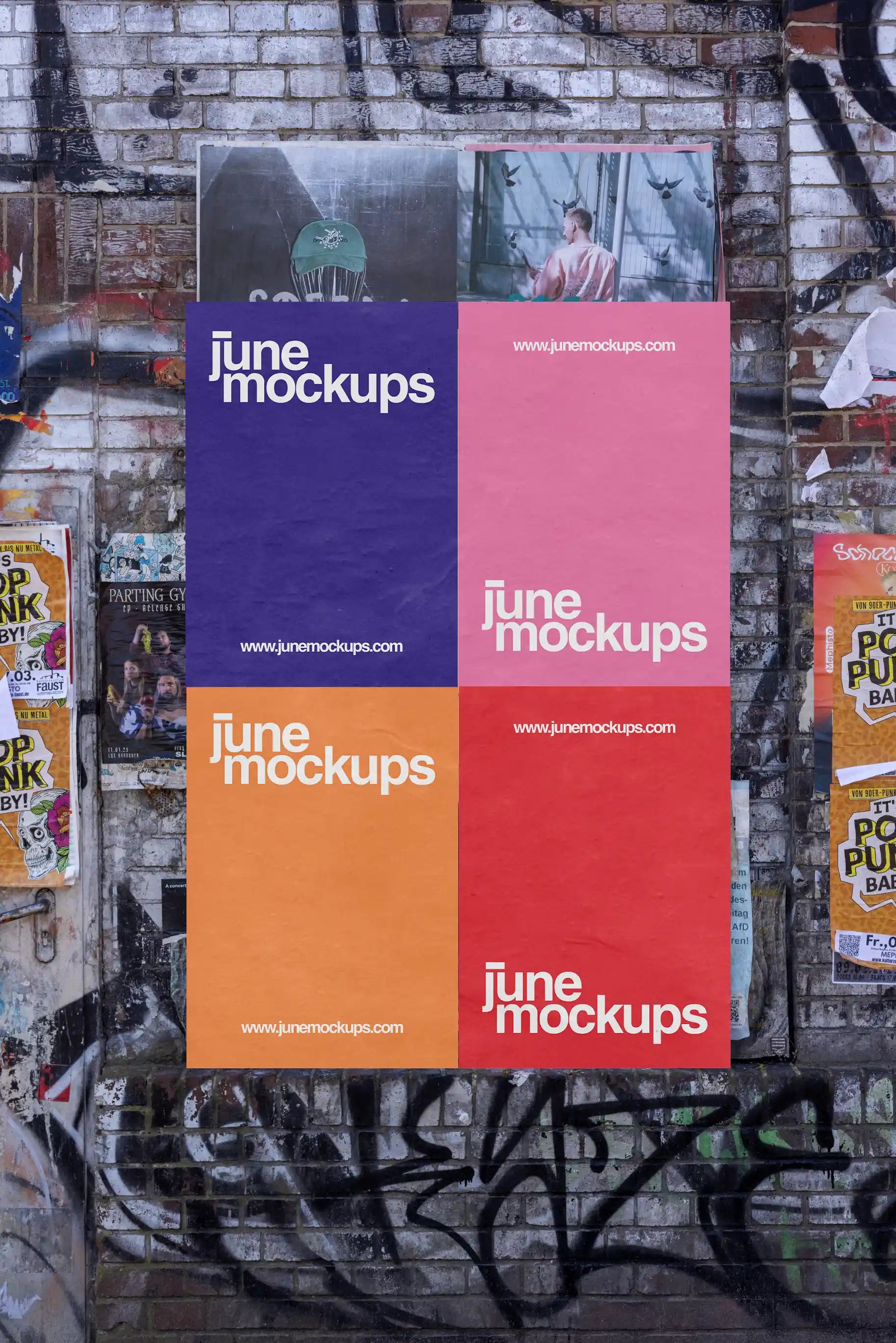 Urban poster wall mockup in Hanover, Berlin, Cologne, Hamburg, Munich, with four colorful posters on a textured brick wall featuring graffiti and street stickers. Captures realistic light, paper creases, and detailed shadows—ideal for branding and campaign design presentations.