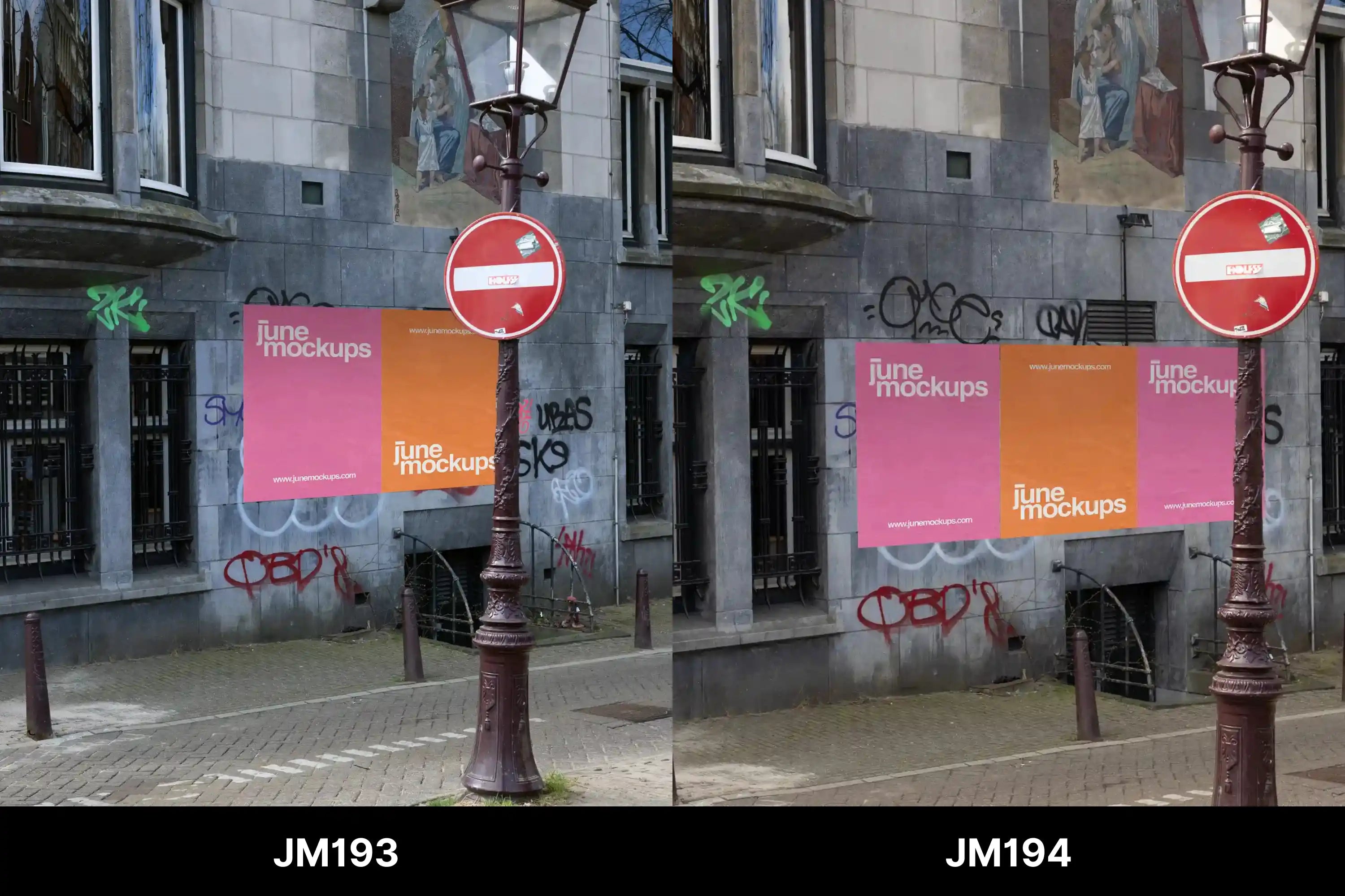 A wall covered with bright urban posters and graffiti – a perfect backdrop to showcase your artwork. Upload your design and get a realistic mockup in a real street setting.