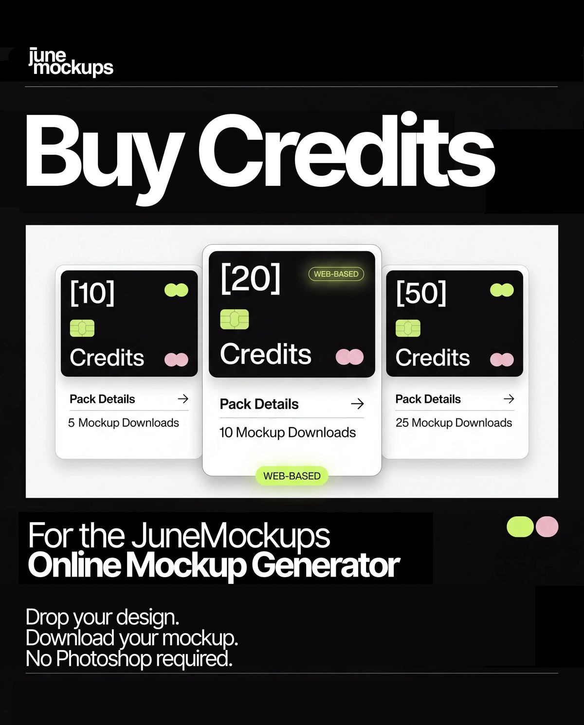 JuneMockups Buy Credits page for the web-based Online Mockup Generator, featuring 10, 20 and 50 credit packs for 5, 10 and 25 mockup downloads, with a modern black interface and the message Drop your design, download your mockup, no Photoshop required.