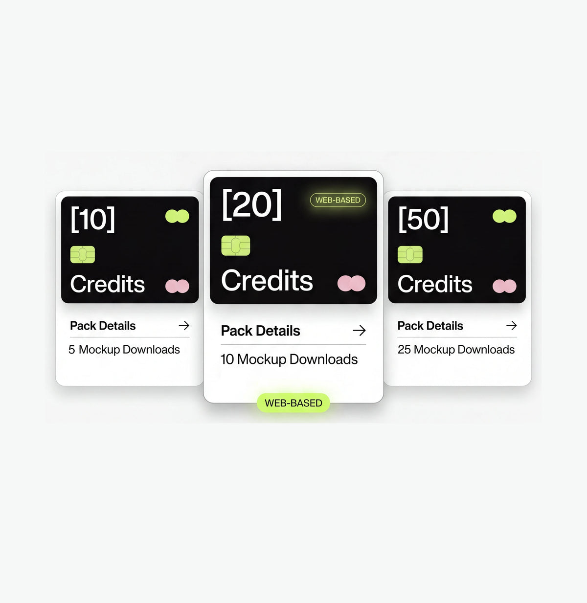 JuneMockups Online Mockup Generator credit packages displayed as three modern digital cards for 10, 20 and 50 credits. The 10 credit pack includes 5 mockup downloads, the 20 credit web-based pack includes 10 mockup downloads and the 50 credit pack includes 25 mockup downloads. Designed for purchasing credits to create and download mockups directly in the browser without Photoshop.