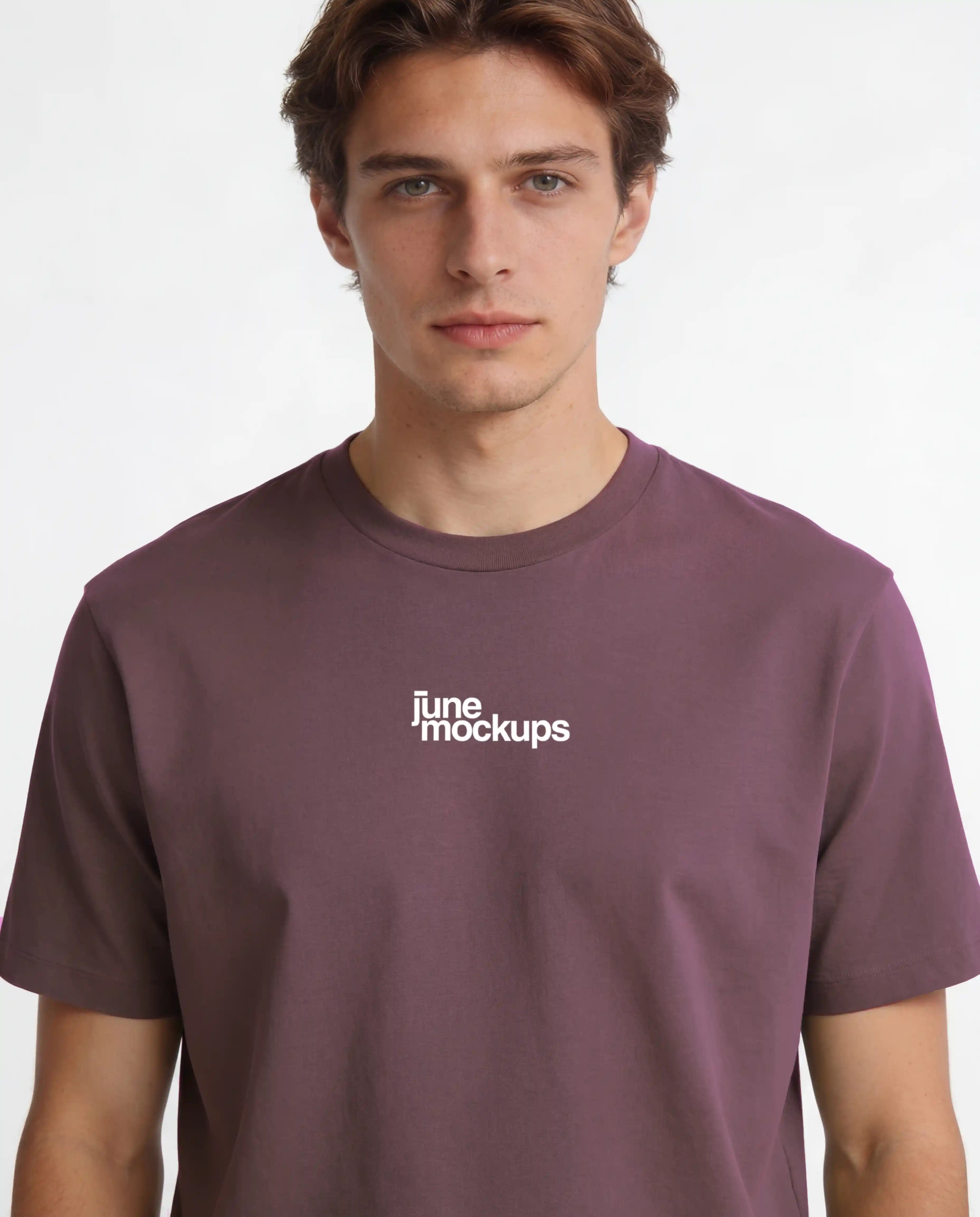 Realistic male studio t-shirt mockup with brown editable shirt color, centered chest logo placement and soft fabric folds, designed for streetwear branding, fashion labels, merch collections, apparel design and professional product visuals.