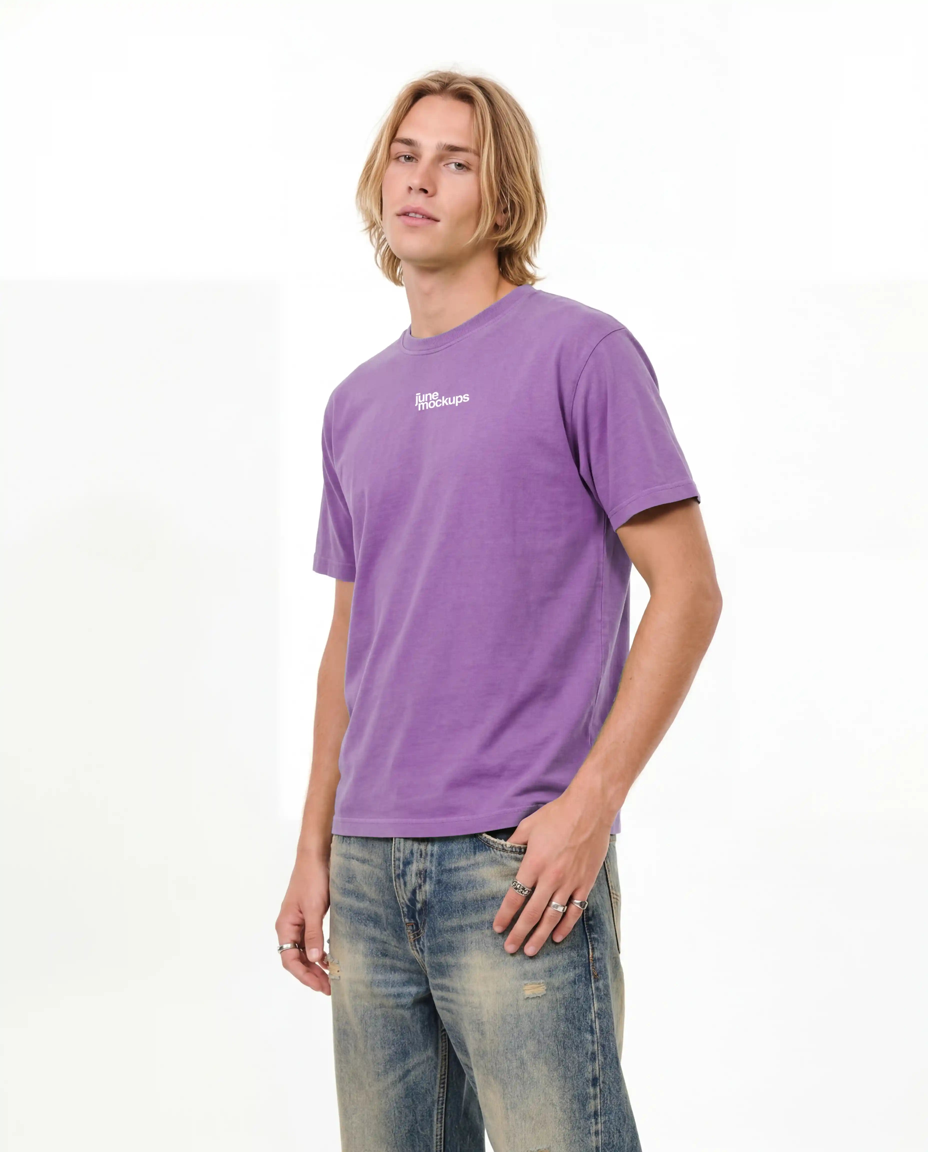Full-body male streetwear t-shirt mockup in purple with front logo placement, clean studio background and realistic garment fit, perfect for fashion campaigns, merch designs, clothing brands, streetwear drops and apparel product images.