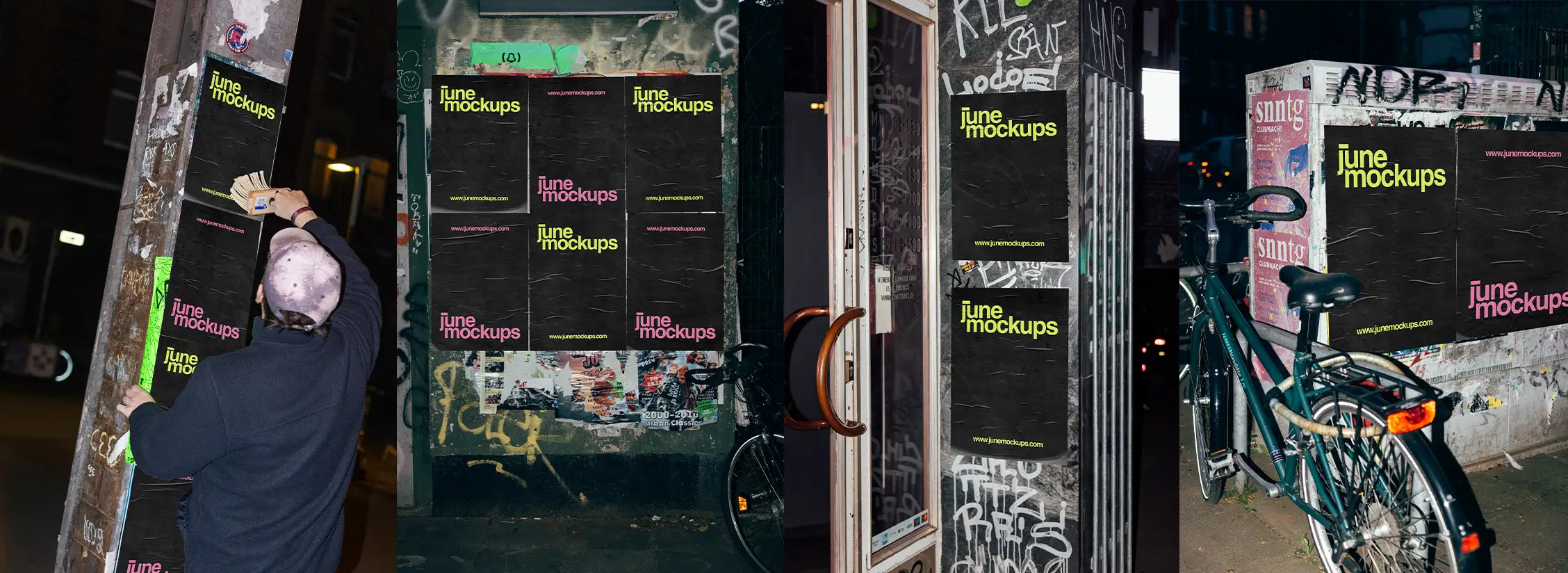 Night flash urban poster mockups captured in real city streets using direct flash lighting, creating strong contrast, authentic textures and bold visuals for street style branding and campaigns.