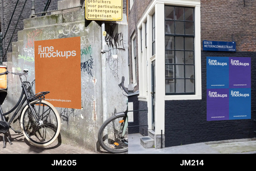 An orange poster pasted on a concrete wall covered in graffiti, next to two parked bicycles in a narrow city street. Four blue and purple posters displayed on a dark brick building under a Dutch street sign and large white-framed windows. A perfect urban mockup scene for your uploaded design — JuneMockups will place your artwork professionally within 12 hours.