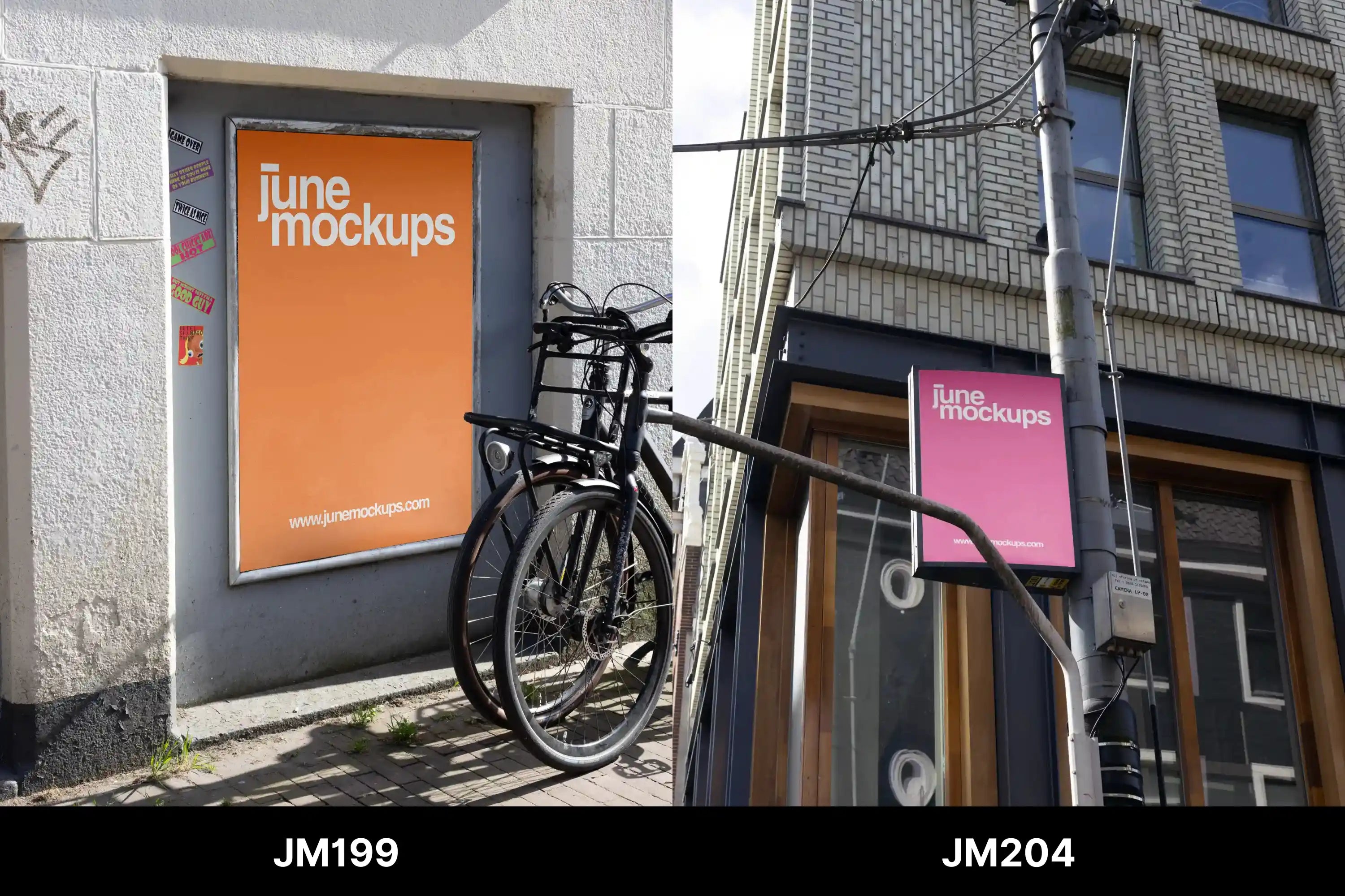 A bright orange poster displayed in a doorway with a black bicycle parked in front. A pink framed street poster attached to a modern brick corner building with metal cables and windows in the background. The scene captures natural sunlight and textured walls — perfect for visualizing your uploaded design in a real urban environment.