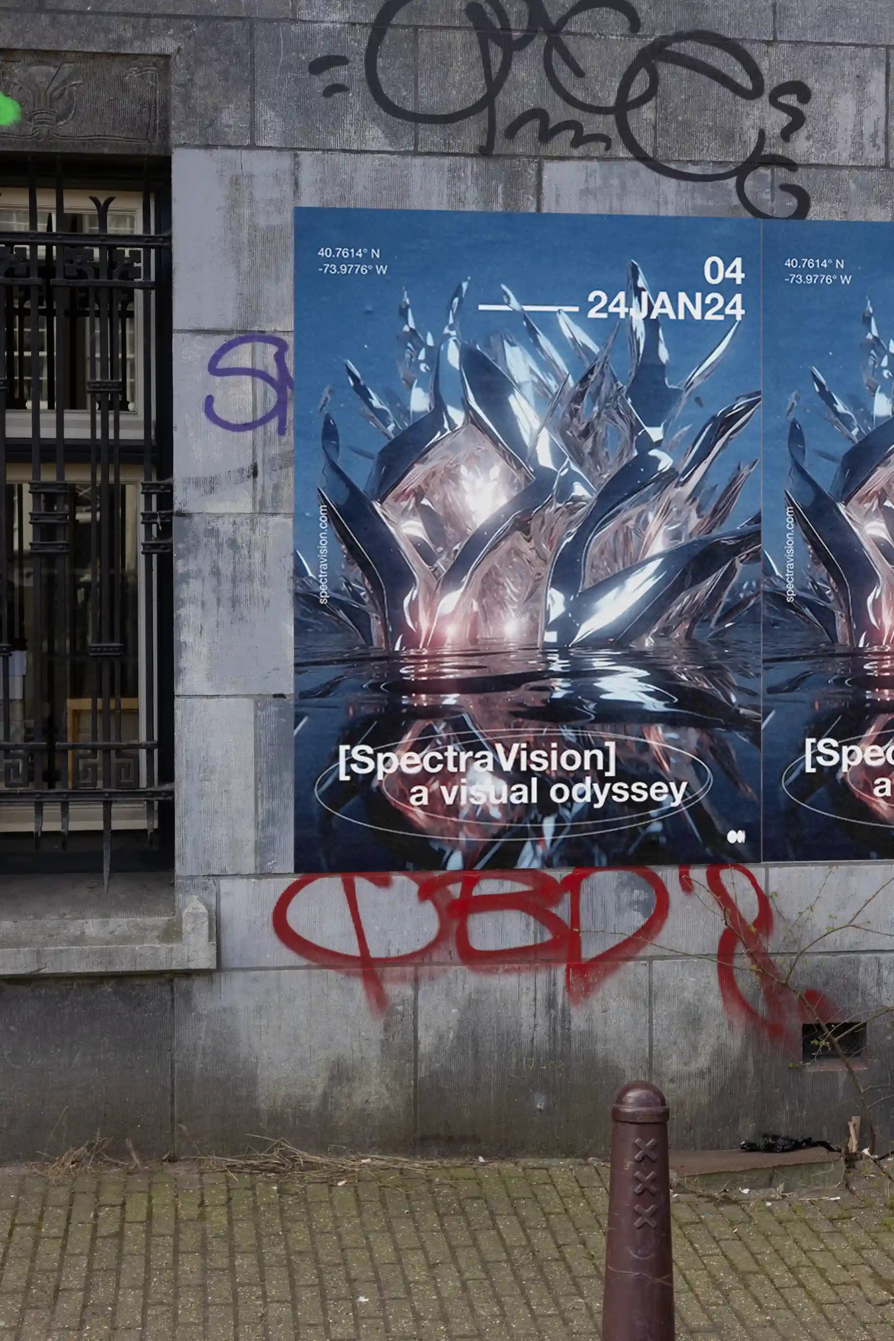 Multiple posters for a photo exhibition displayed on a concrete corner wall near a canal, showing people at an event. Perfect example of how your uploaded design can look when placed in a real urban mockup scene.