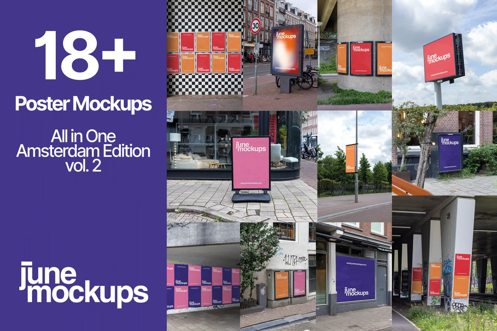 Preview image for the All-in-One Amsterdam Edition Vol. 2 poster mockup bundle, featuring 18+ real urban mockups including posters, billboards, and city lights photographed in Amsterdam.