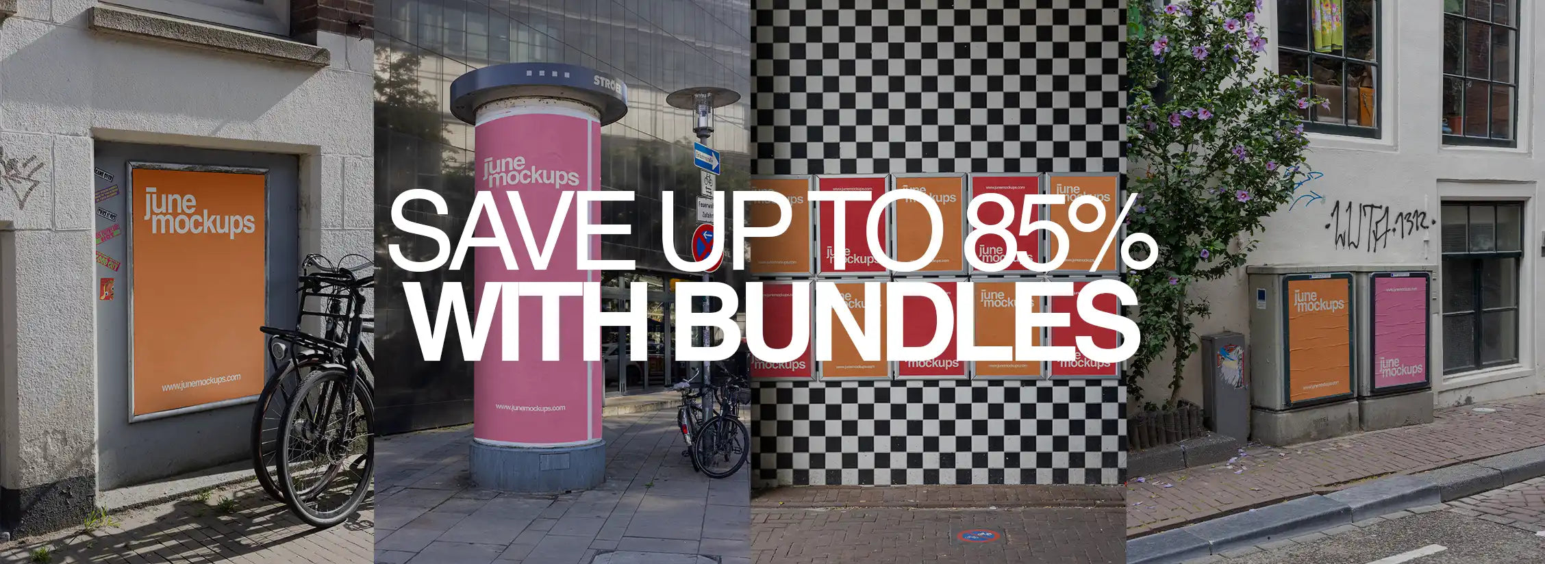 Poster mockup bundles combining urban posters, city lights and billboard formats in real photographed locations, ideal for branding, advertising campaigns and large scale design presentations.