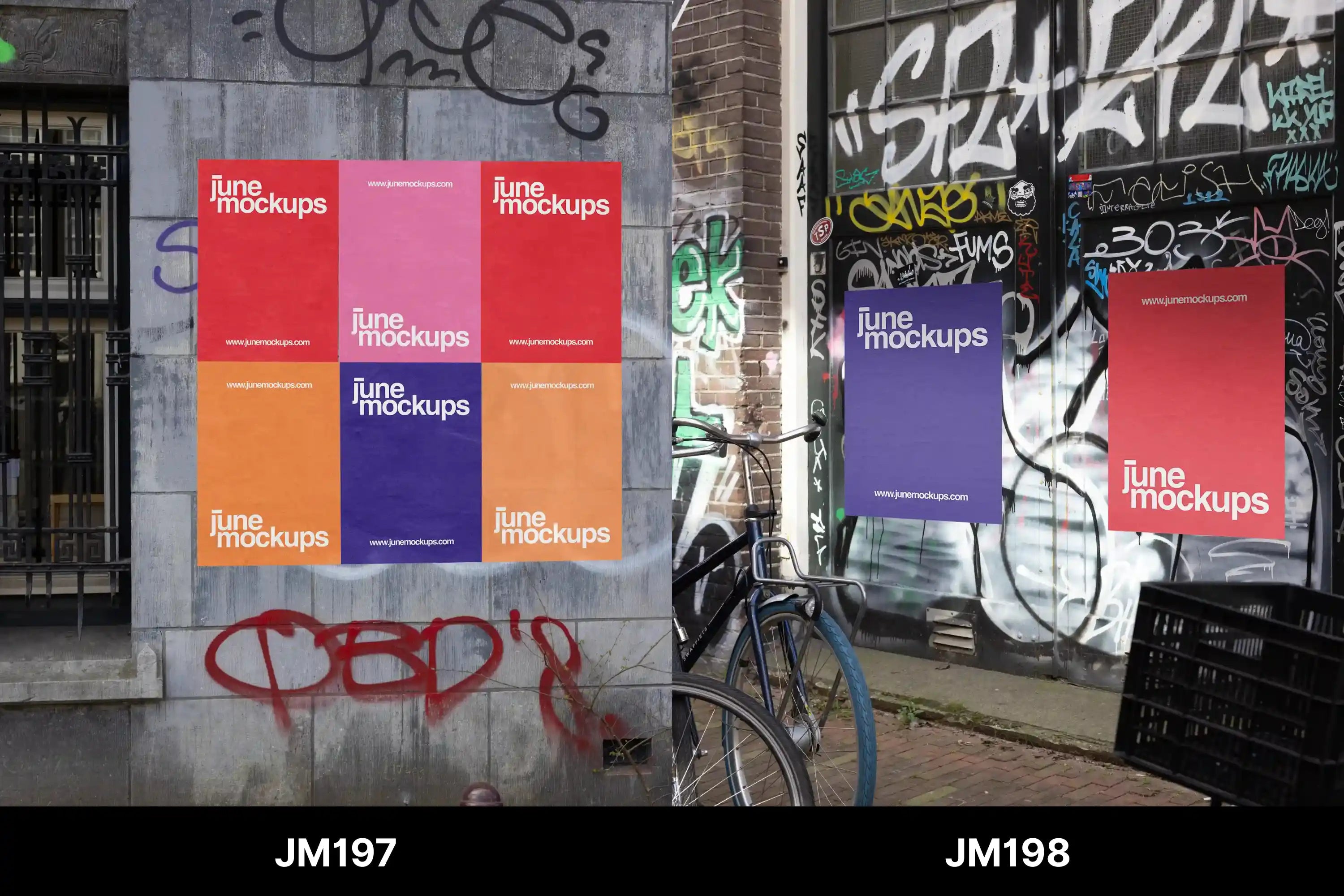 Two colorful posters, one red and one orange, pasted on a graffiti-covered stone wall in a city street. Ideal for designers who upload their artwork and want to see it placed naturally in a real urban environment.
