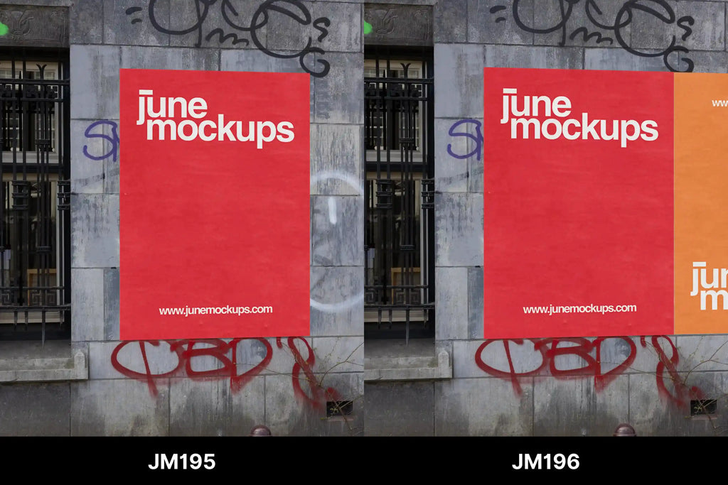 A single red poster on a grey stone wall with graffiti marks and an iron window frame. Perfect for showing your uploaded artwork in a realistic urban setting — JuneMockups will place your design for you, no Photoshop required.